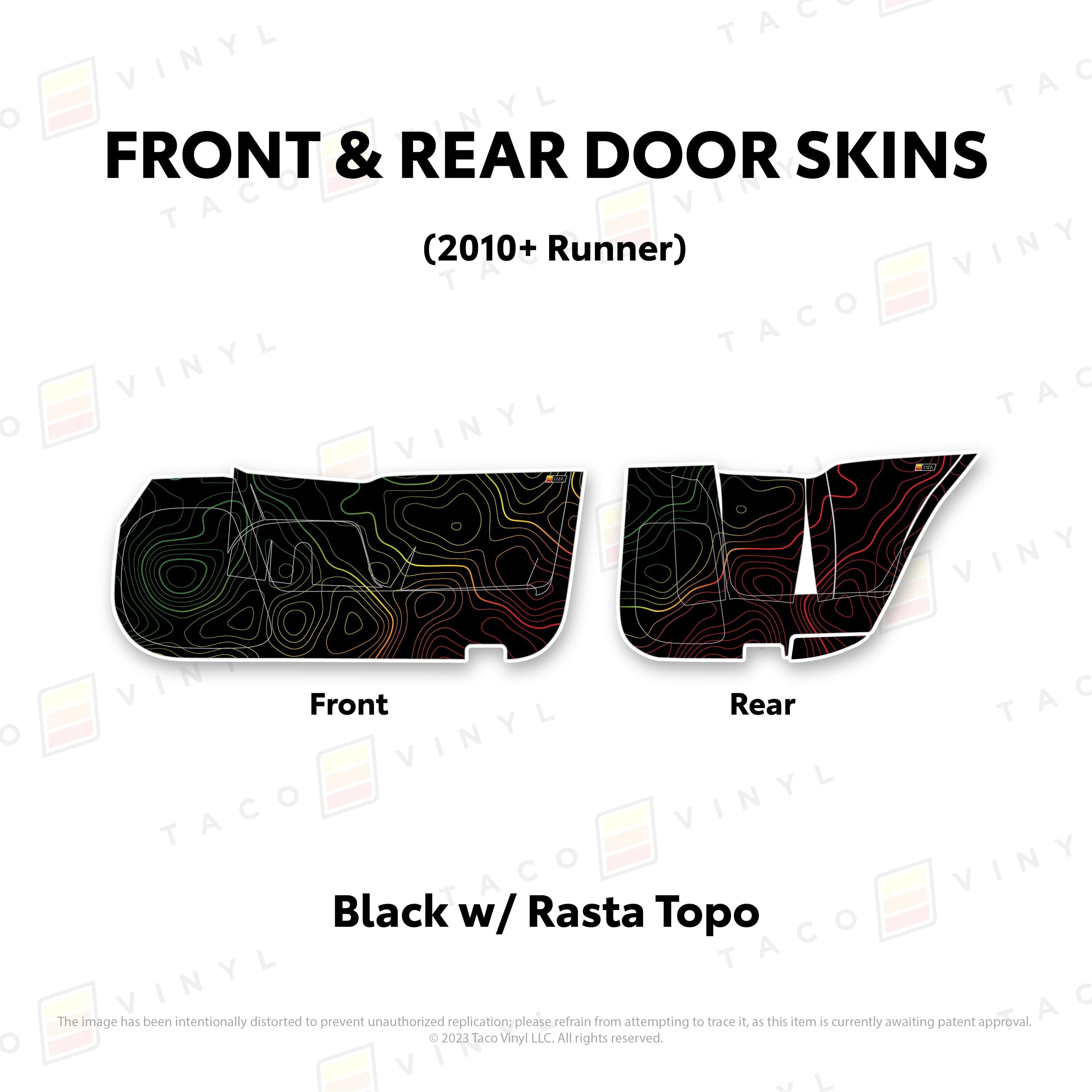 Taco Vinyl Protective Vinyl Front and Rears / Black w/Rasta Scheme Topo 2010-24 4Runner Door Skins (Lower Section)