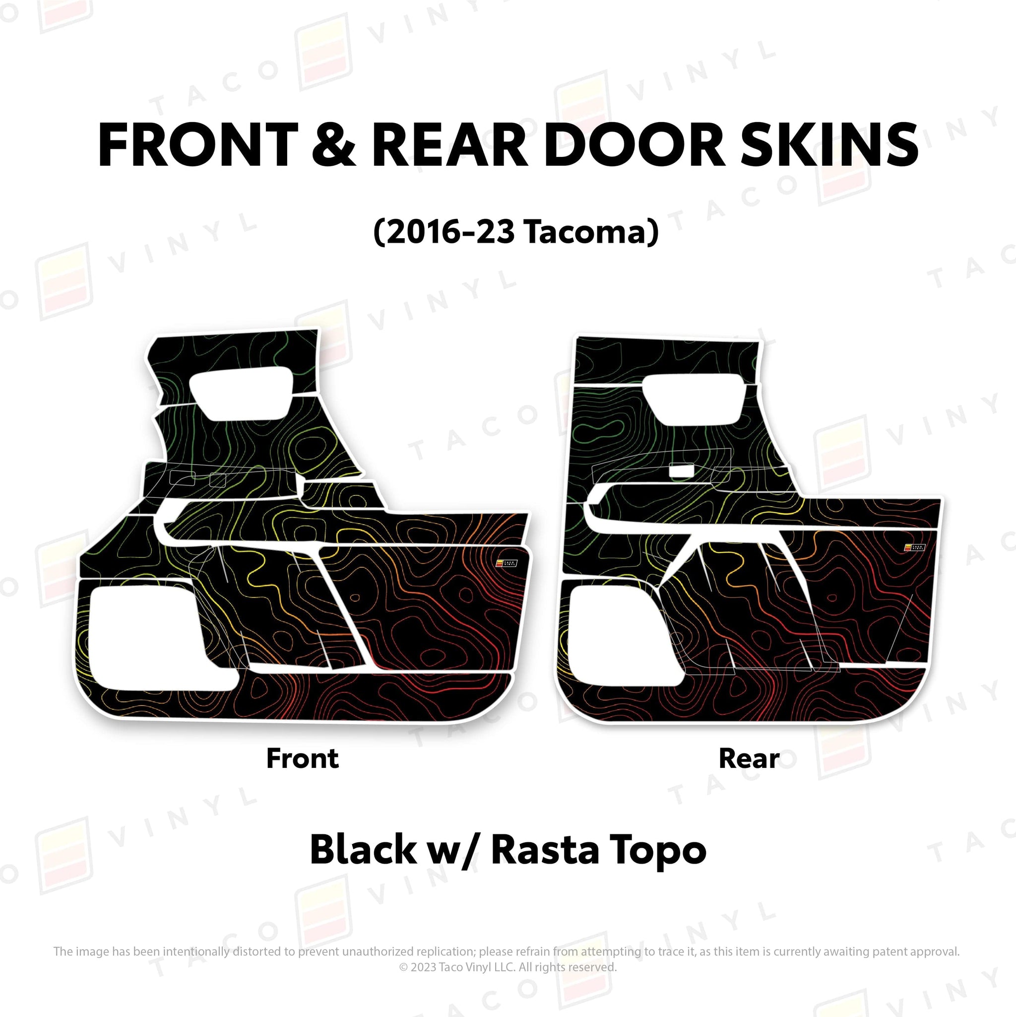 Taco Vinyl Protective Vinyl Front and Rears / Black w/Rasta Scheme Topo 2016-23 Tacoma Door Skins