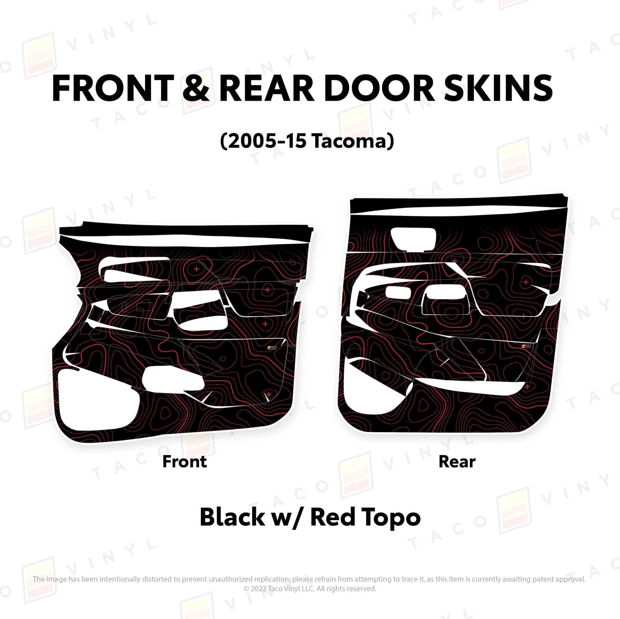 Taco Vinyl Protective Vinyl Front and Rears / Black w/Red Topo 2005-15 Tacoma Door Skins