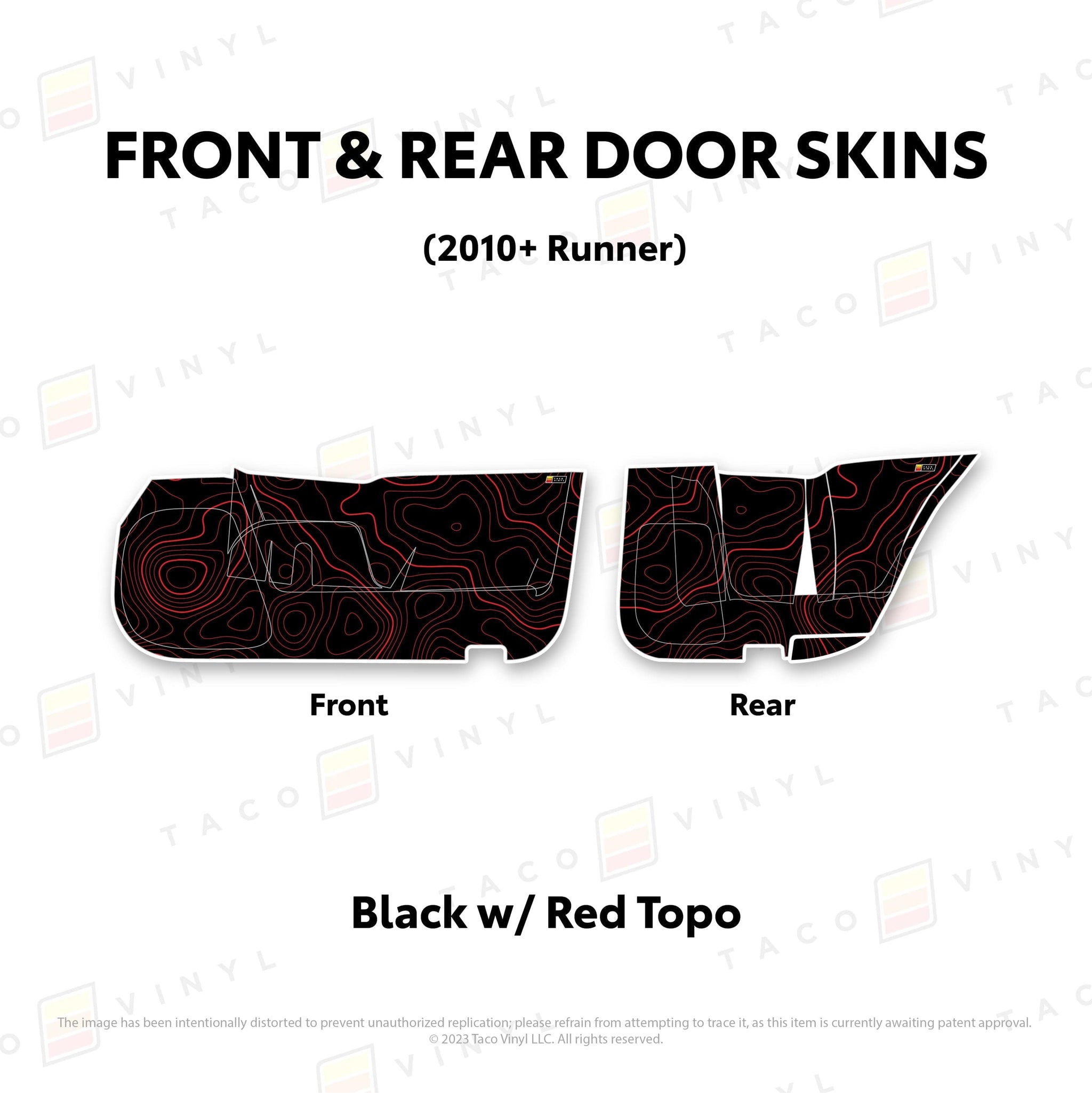 Taco Vinyl Protective Vinyl Front and Rears / Black w/Red Topo 2010-24 4Runner Door Skins (Lower Section)