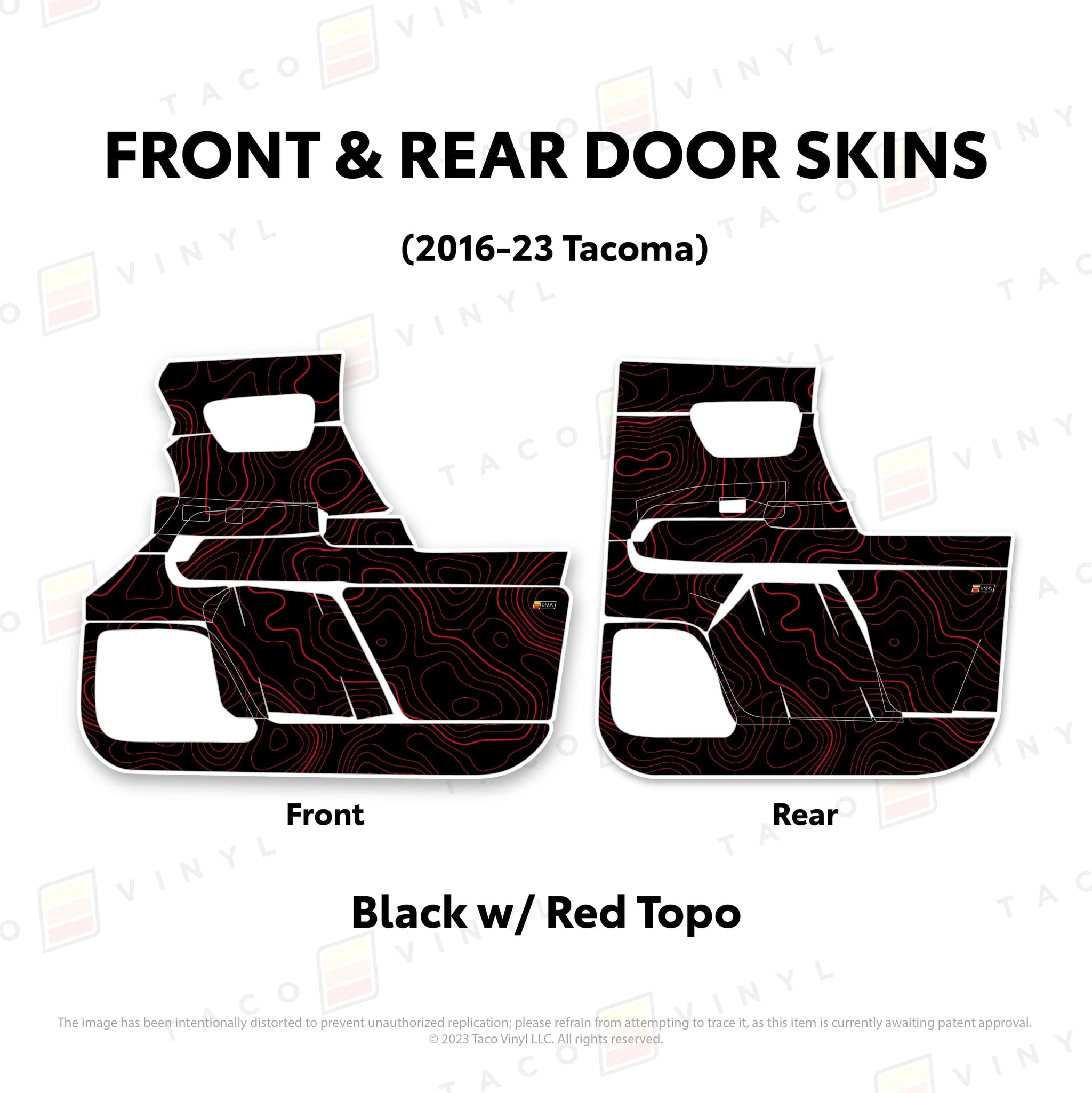 Taco Vinyl Protective Vinyl Front and Rears / Black w/Red Topo 2016-23 Tacoma Door Skins