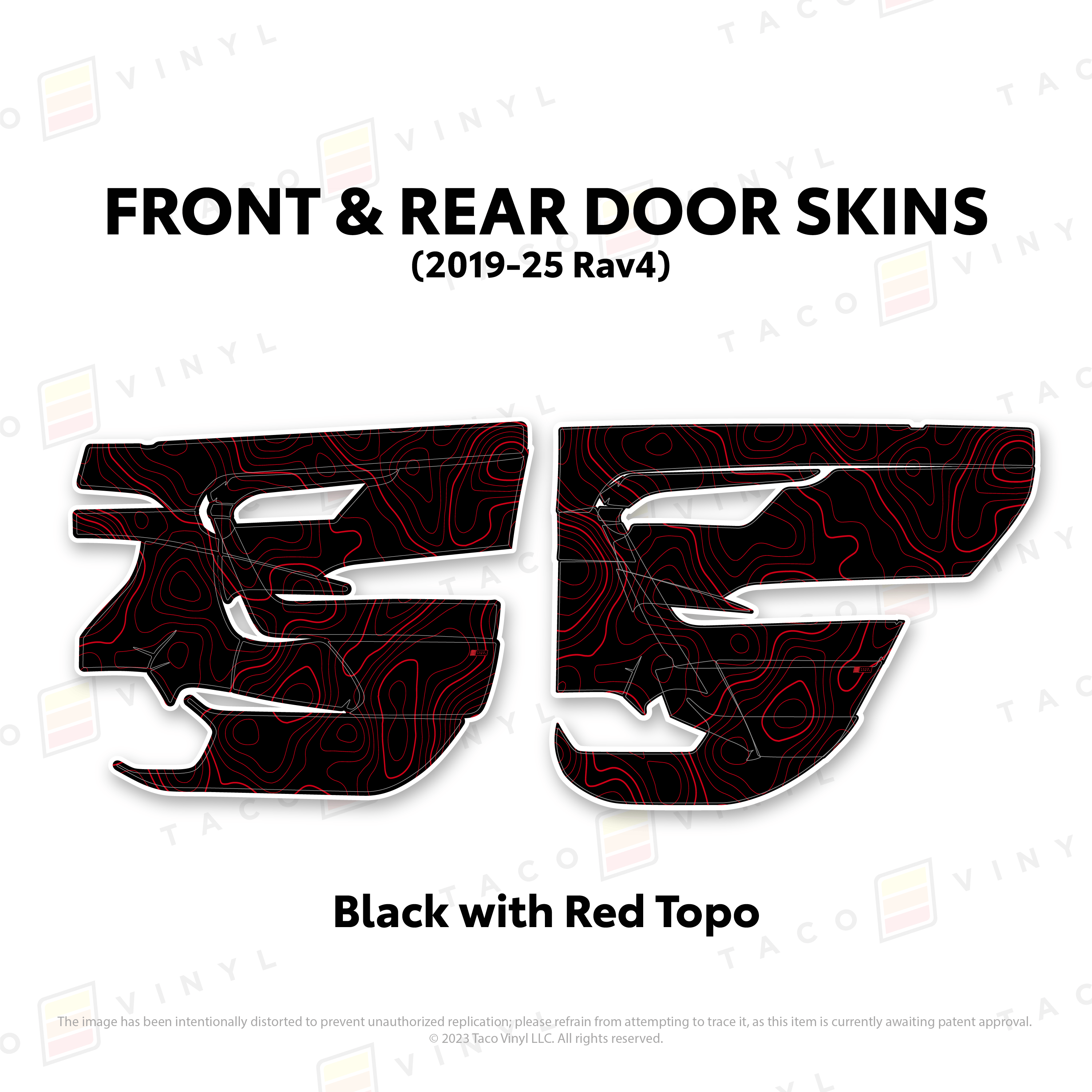 Taco Vinyl Protective Vinyl Front and Rears / Black w/Red Topo 2019-25 Rav4 Door Skins