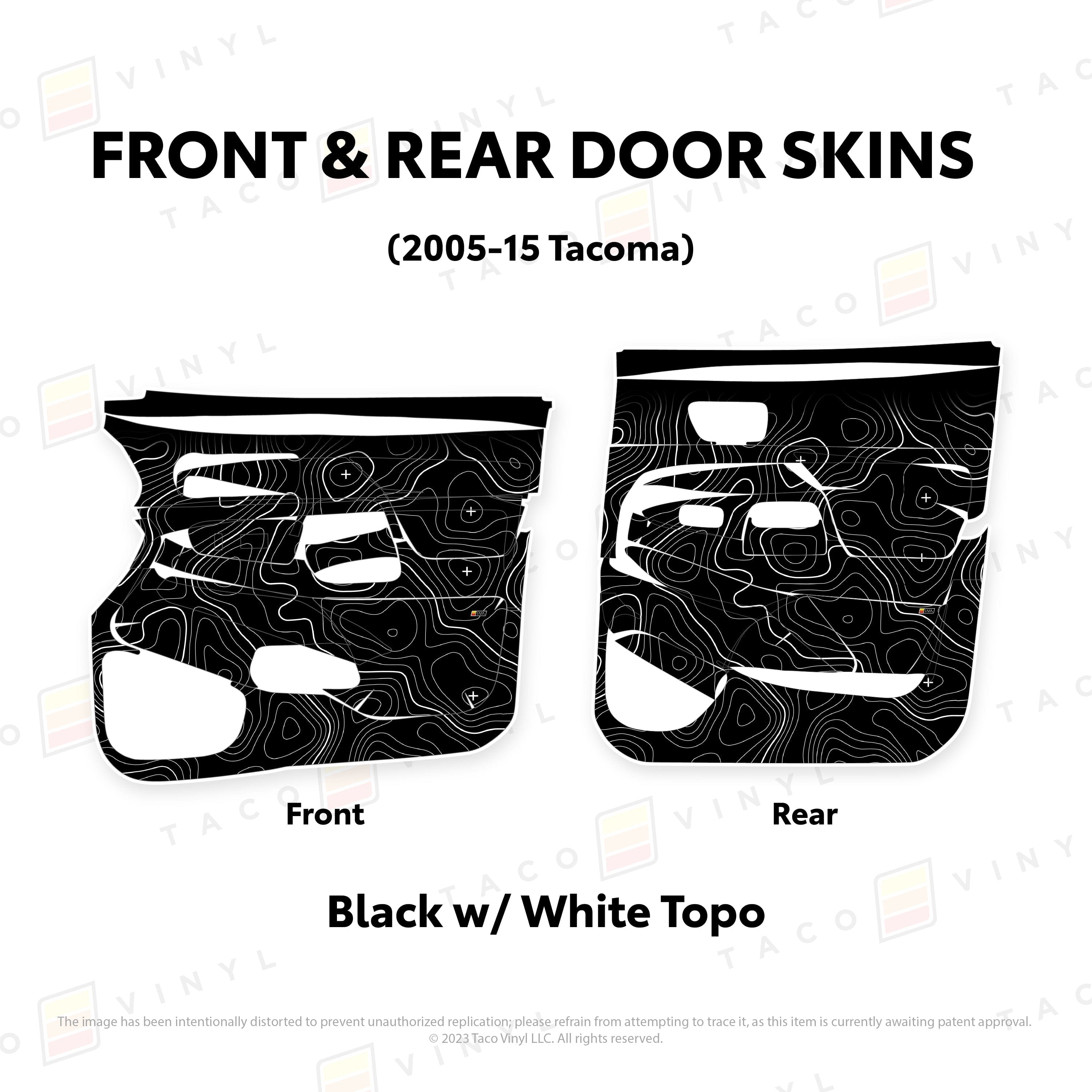 Taco Vinyl Protective Vinyl Front and Rears / Black w/ White Topo 2005-15 Tacoma Door Skins