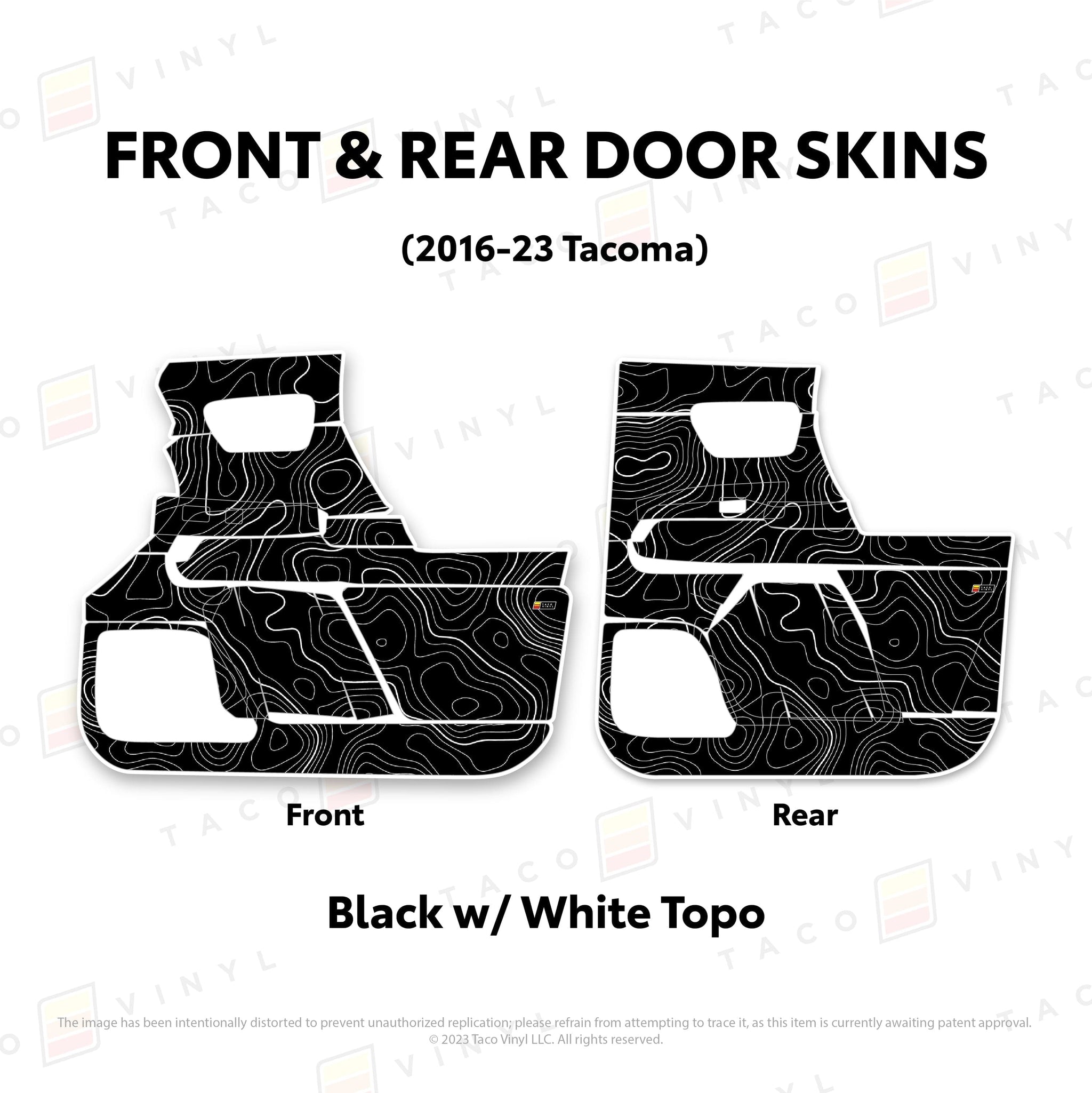 Taco Vinyl Protective Vinyl Front and Rears / Black w/ White Topo 2016-23 Tacoma Door Skins