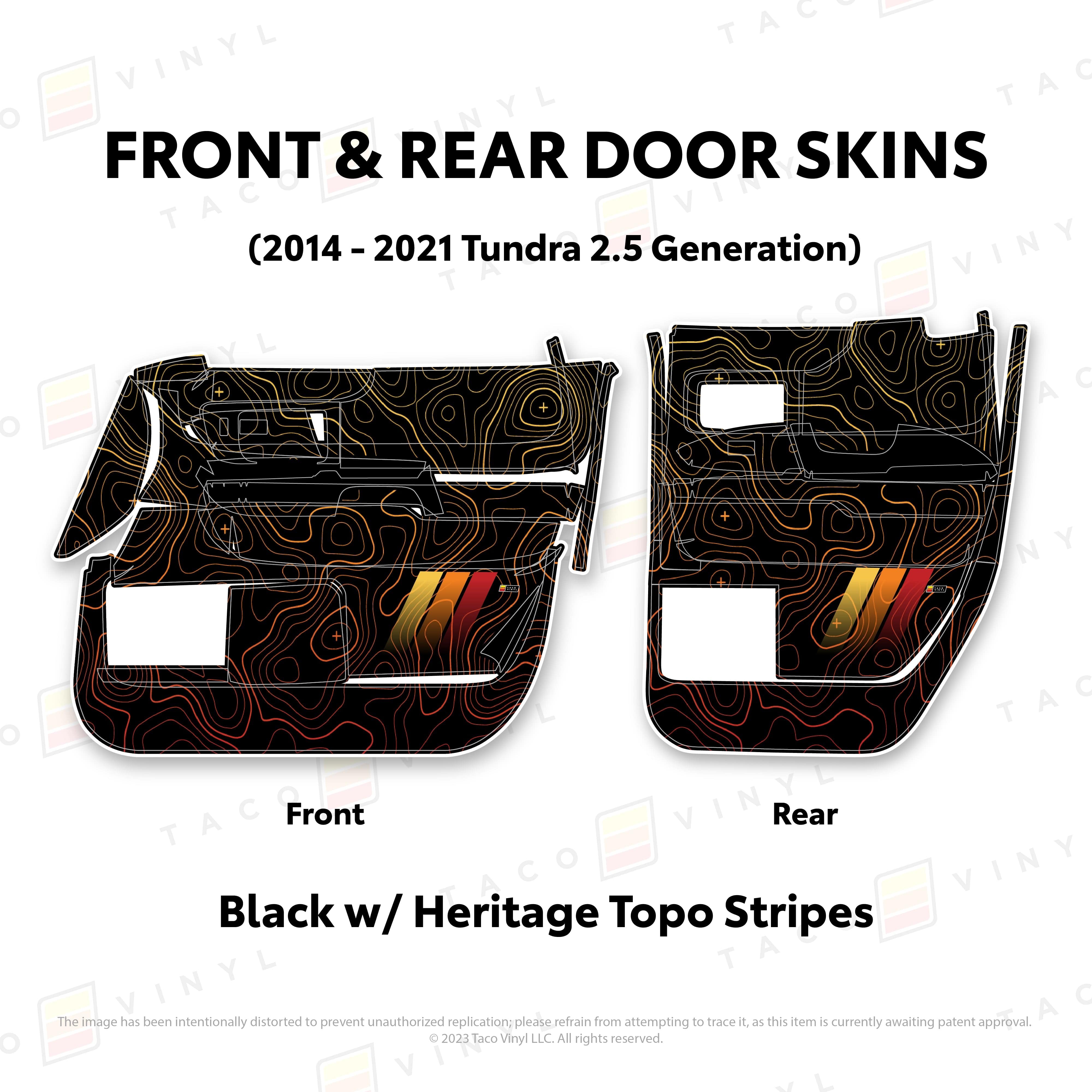 Taco Vinyl Protective Vinyl Front and Rears Double Cab / Black w/ Heritage Topo/stripes 2014 - 2021 Tundra Door Skins