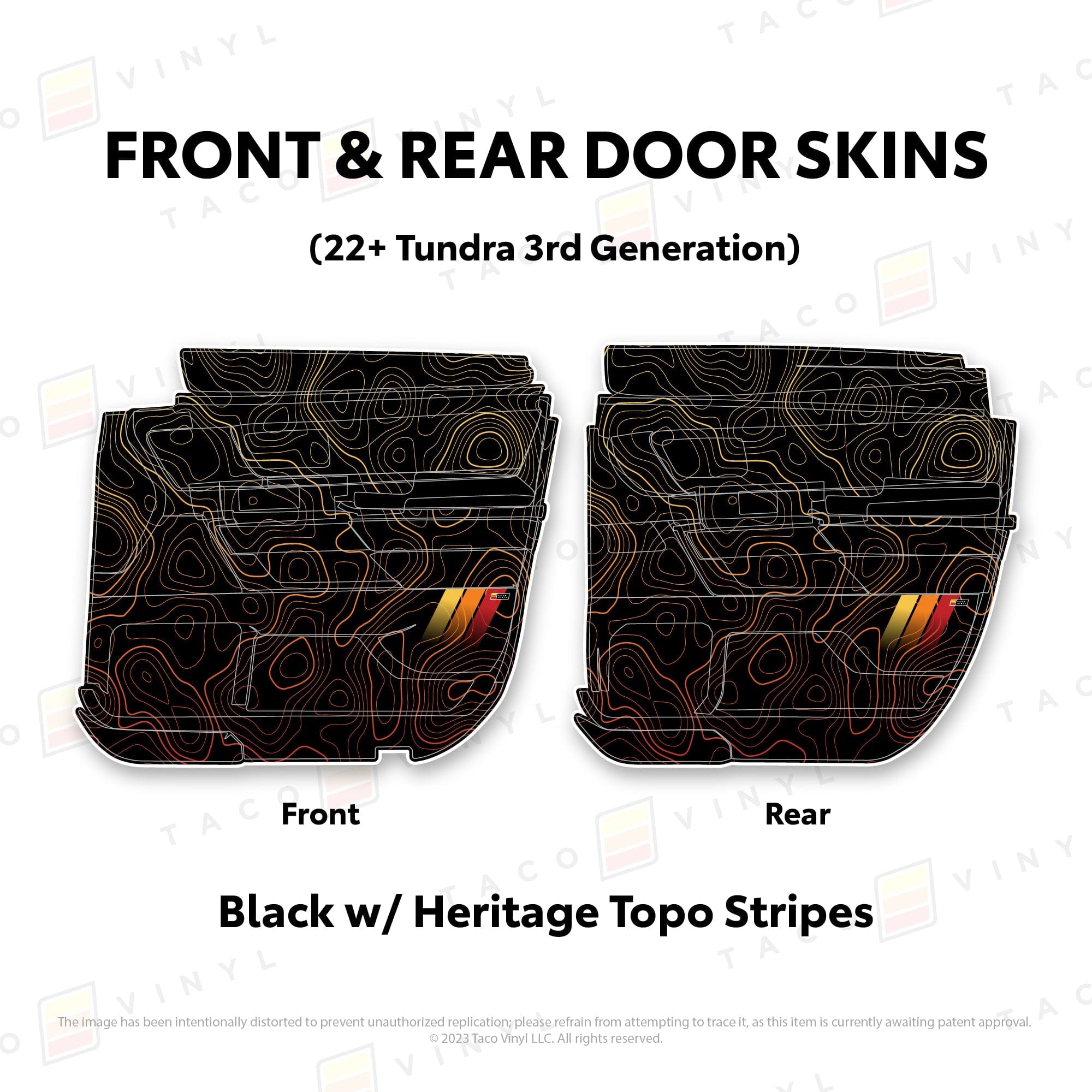 Taco Vinyl Protective Vinyl Front and Rears Double Cab / Black w/ Heritage Topo/stripes 2022+ Tundra Door Skins