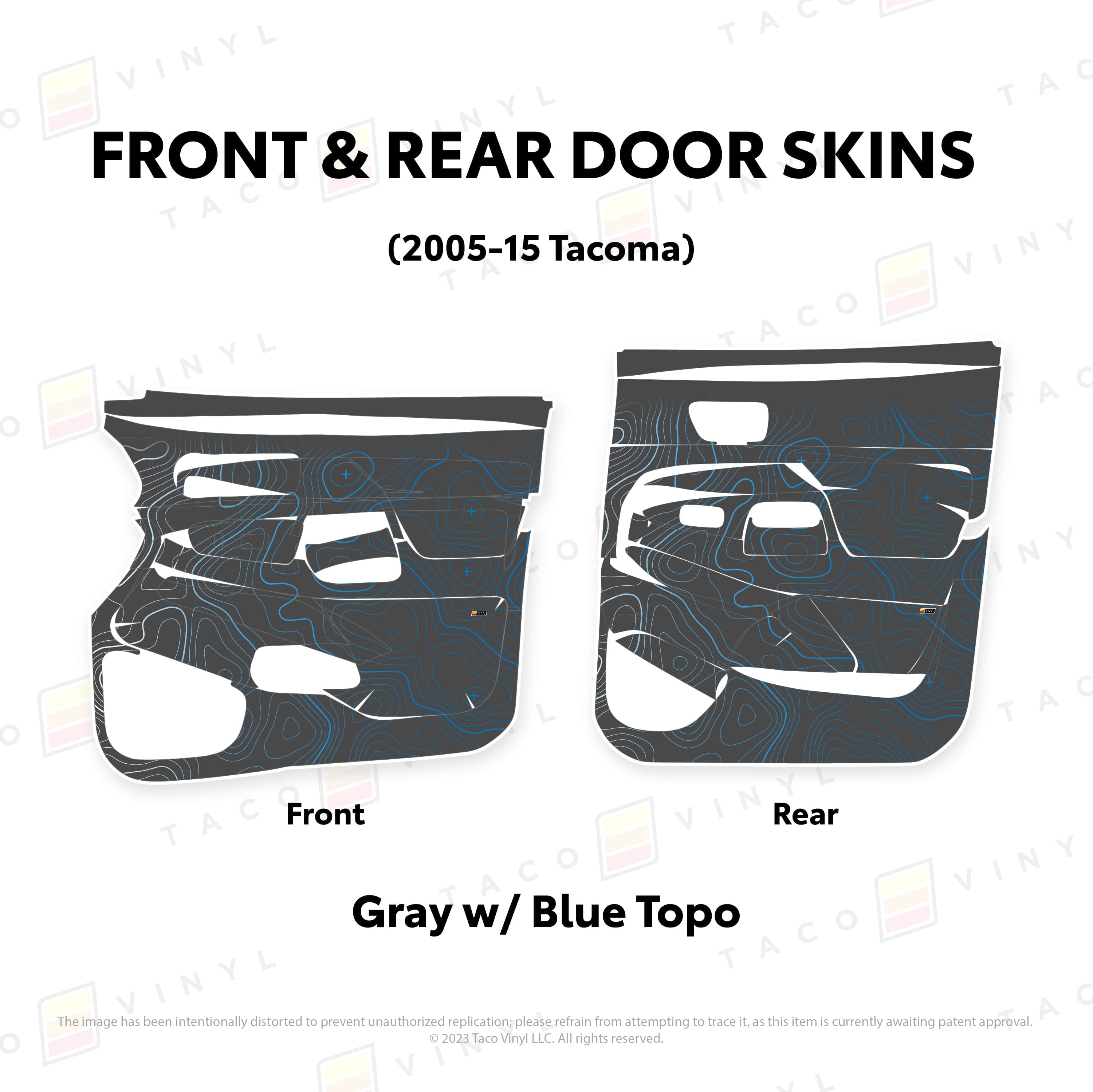 Taco Vinyl Protective Vinyl Front and Rears / Gray w/Blue Scheme Topo 2005-15 Tacoma Door Skins