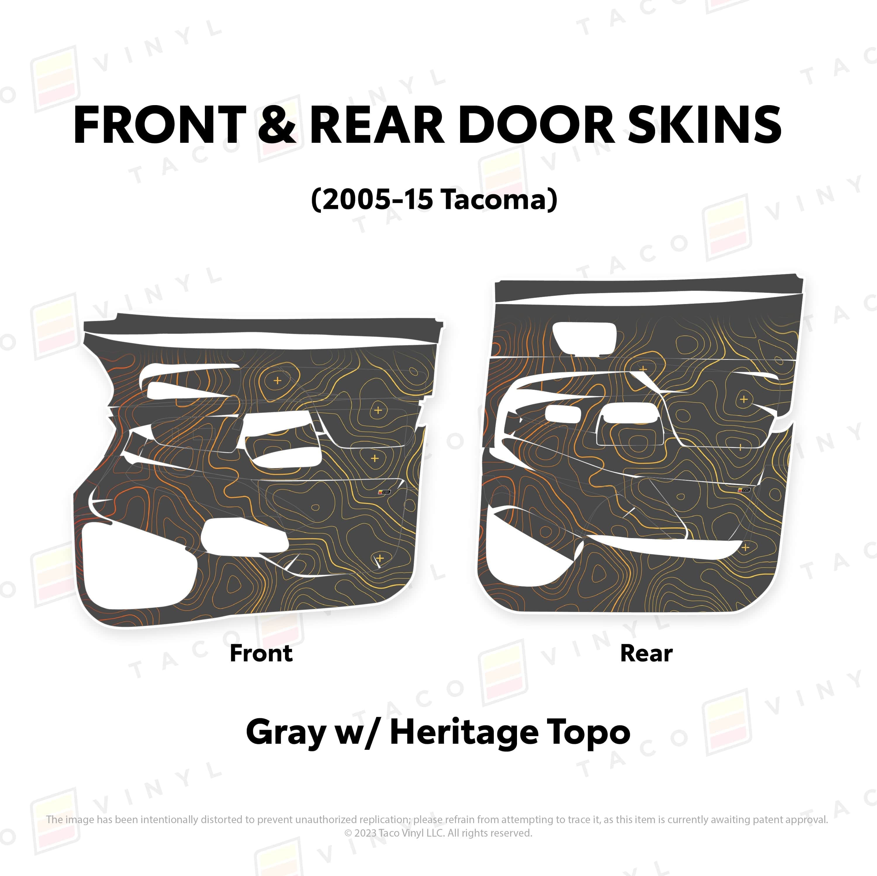 Taco Vinyl Protective Vinyl Front and Rears / Gray w/ Heritage Topo 2005-15 Tacoma Door Skins