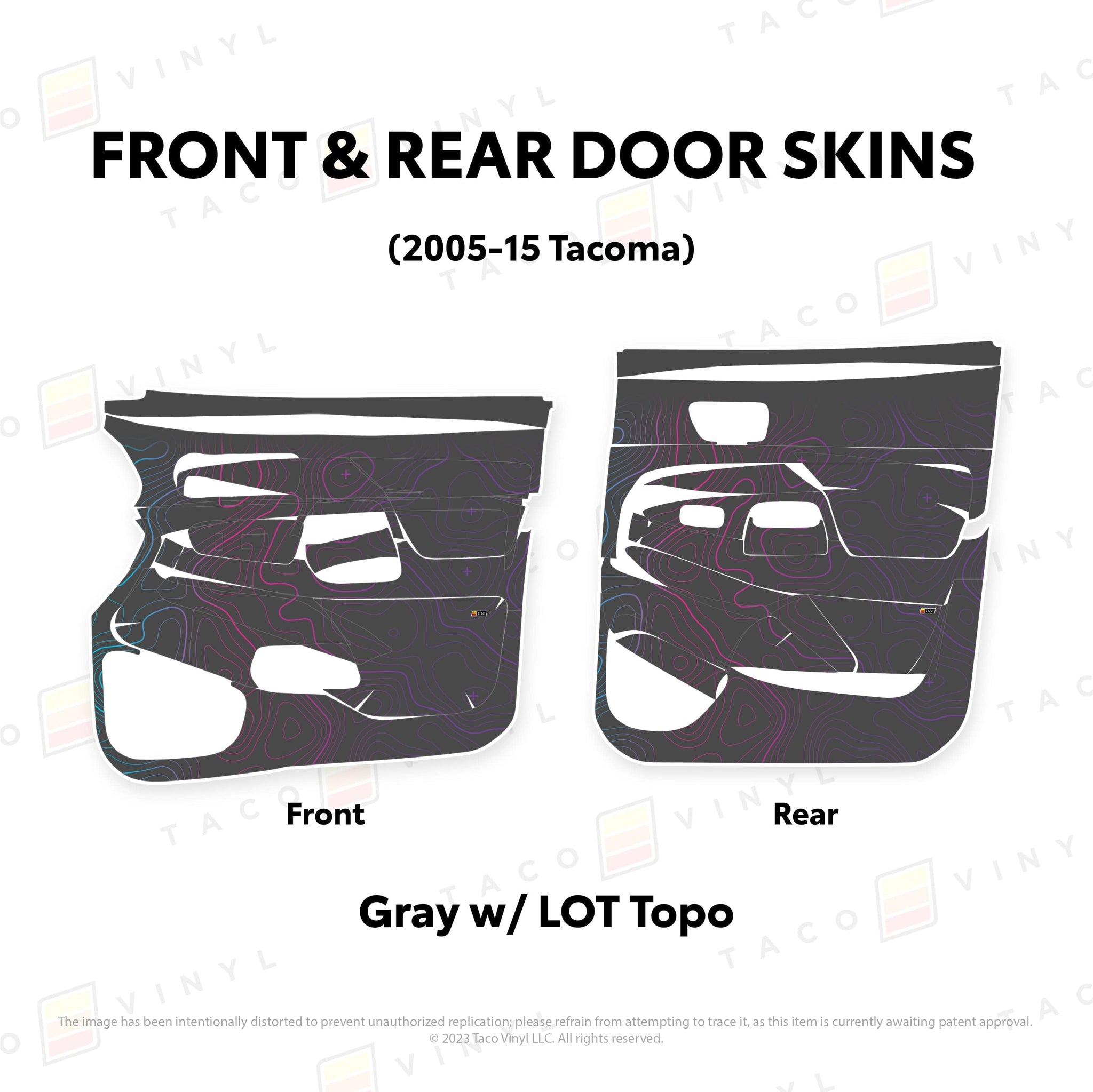 Taco Vinyl Protective Vinyl Front and Rears / Gray w/LOT Scheme Topo 2005-15 Tacoma Door Skins