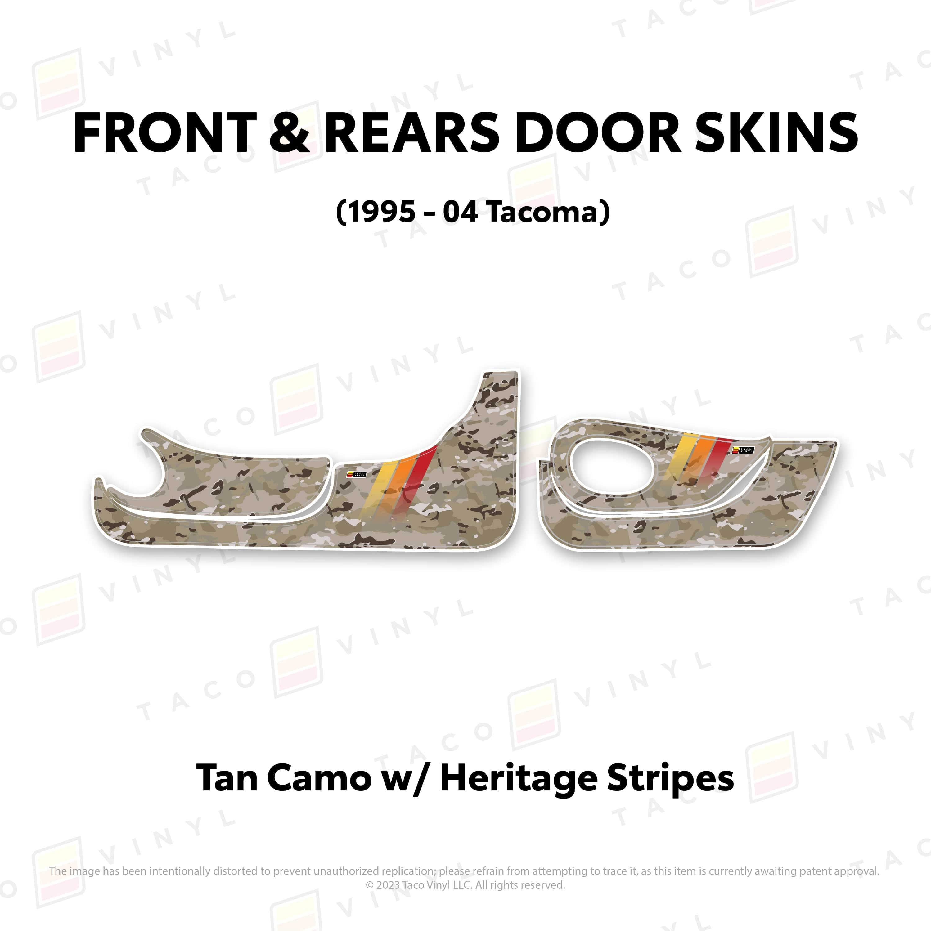 Taco Vinyl Protective Vinyl Front and Rears / Tan Camo w/ Heritage Stripes 1995-04 Tacoma Door Skins (Lower Section)