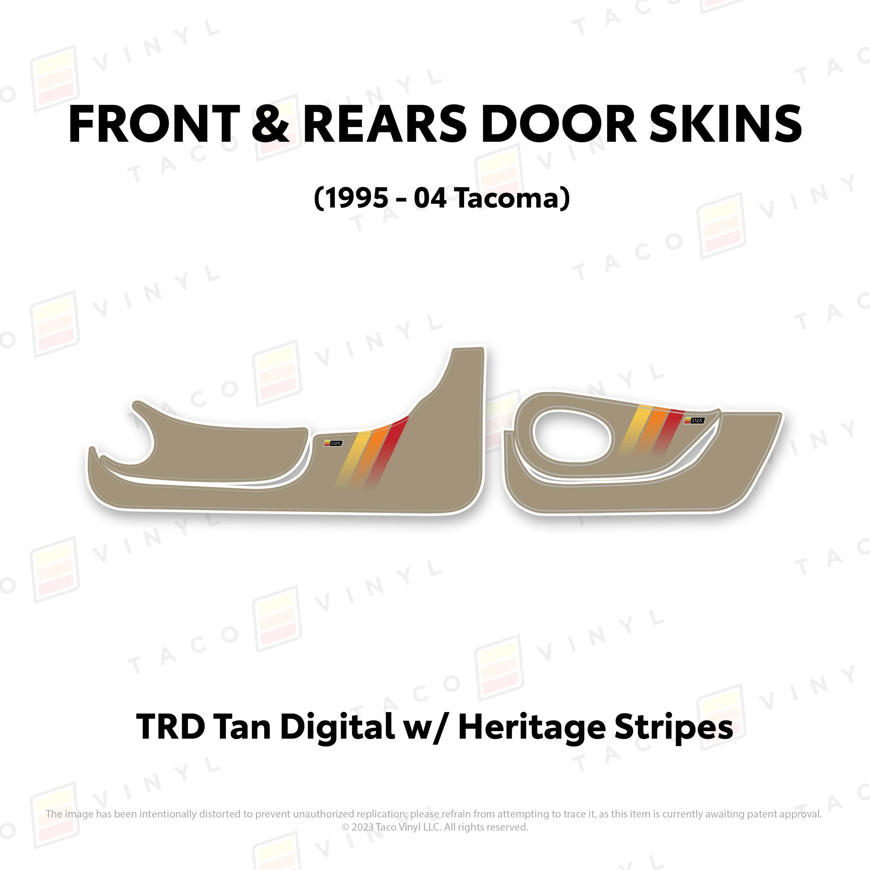 Taco Vinyl Protective Vinyl Front and Rears / TRD Tan Digital w/Heritage Stripes 1995-04 Tacoma Door Skins (Lower Section)