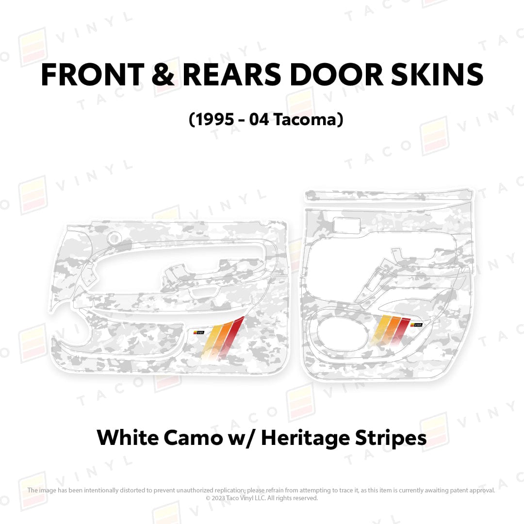 Taco Vinyl Protective Vinyl Front and Rears / White Camo w/Heritage Stripes 1995-04 Tacoma Door Skins