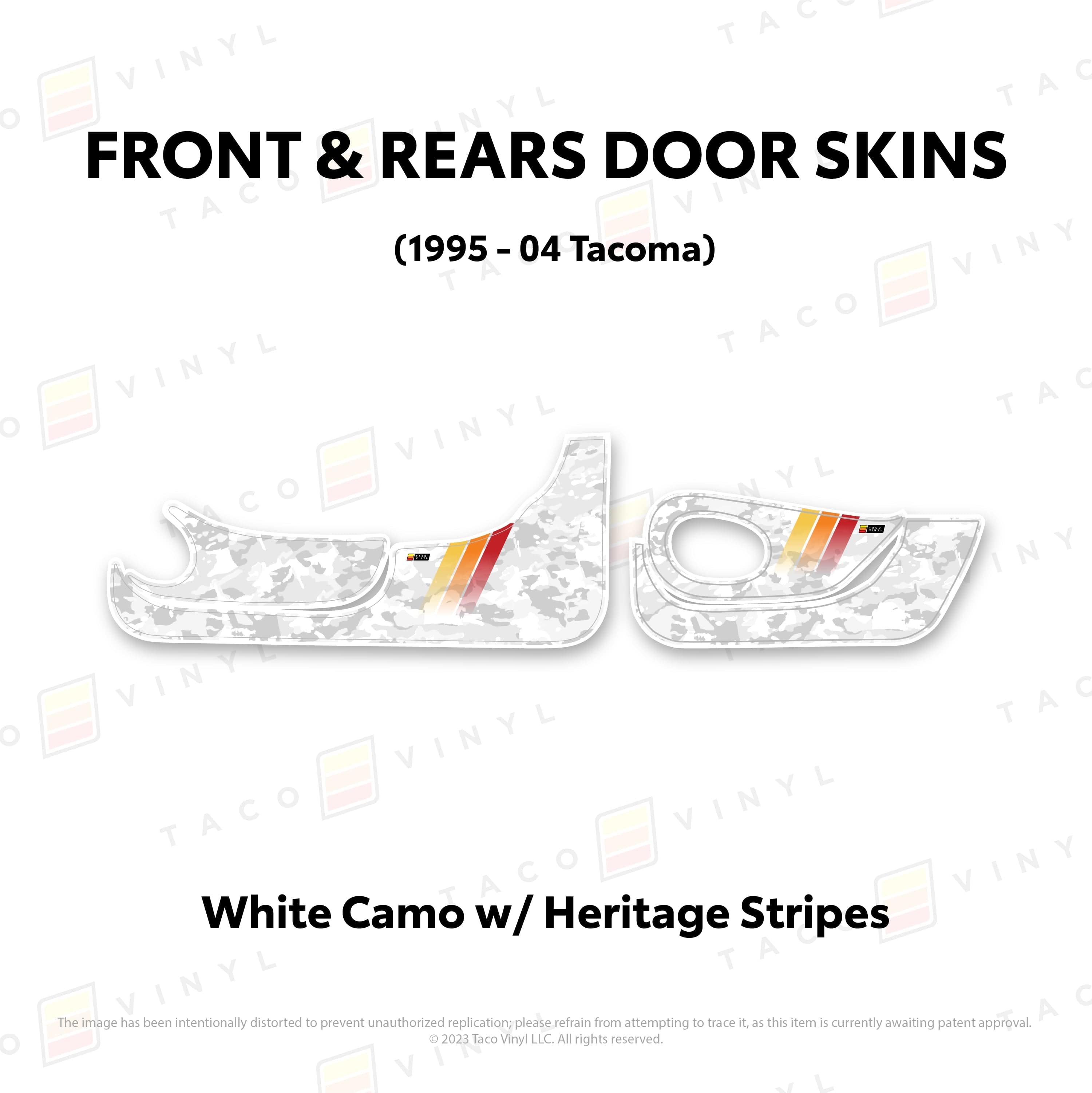 Taco Vinyl Protective Vinyl Front and Rears / White Camo w/Heritage Stripes 1995-04 Tacoma Door Skins (Lower Section)