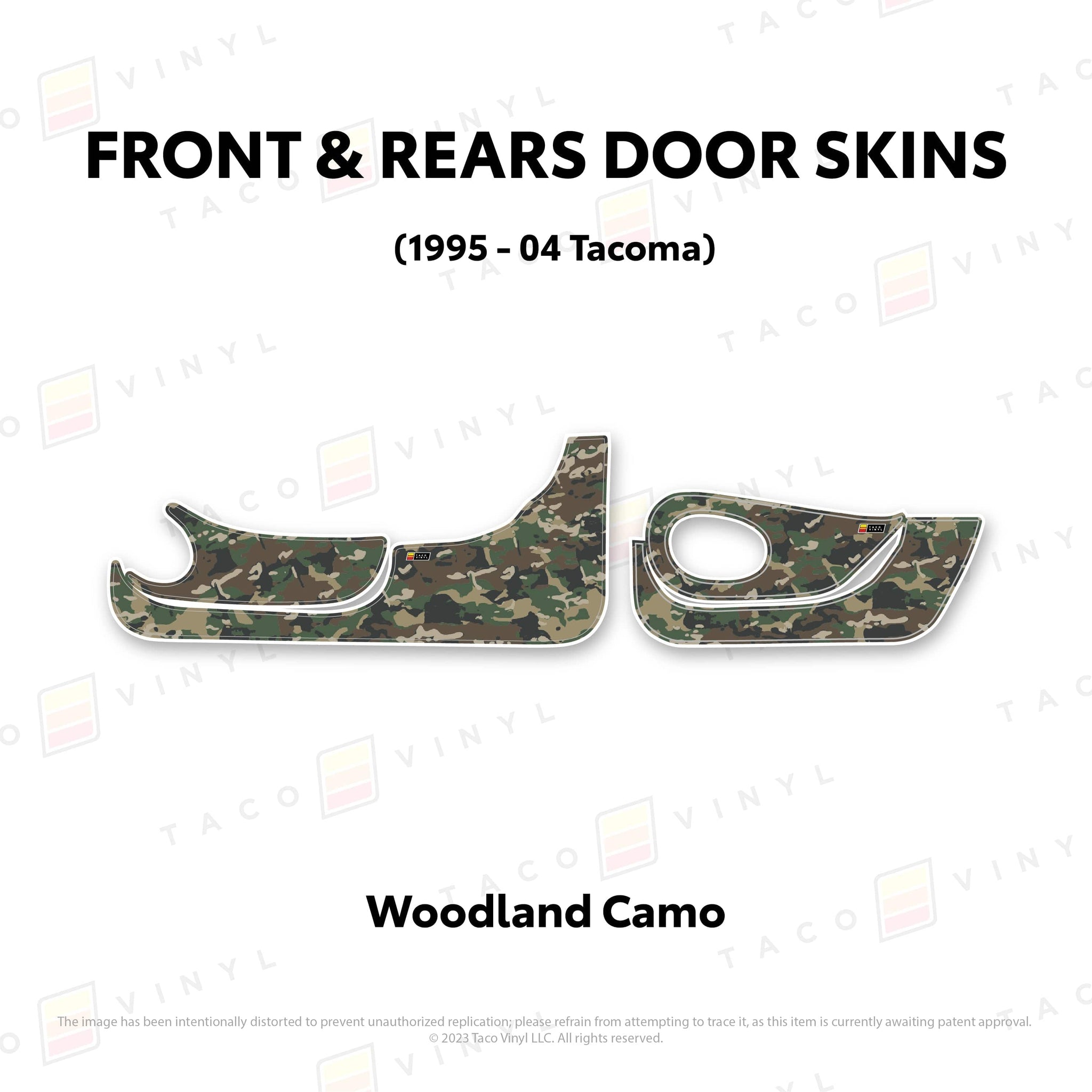 Taco Vinyl Protective Vinyl Front and Rears / Woodland Camo 1995-04 Tacoma Door Skins (Lower Section)