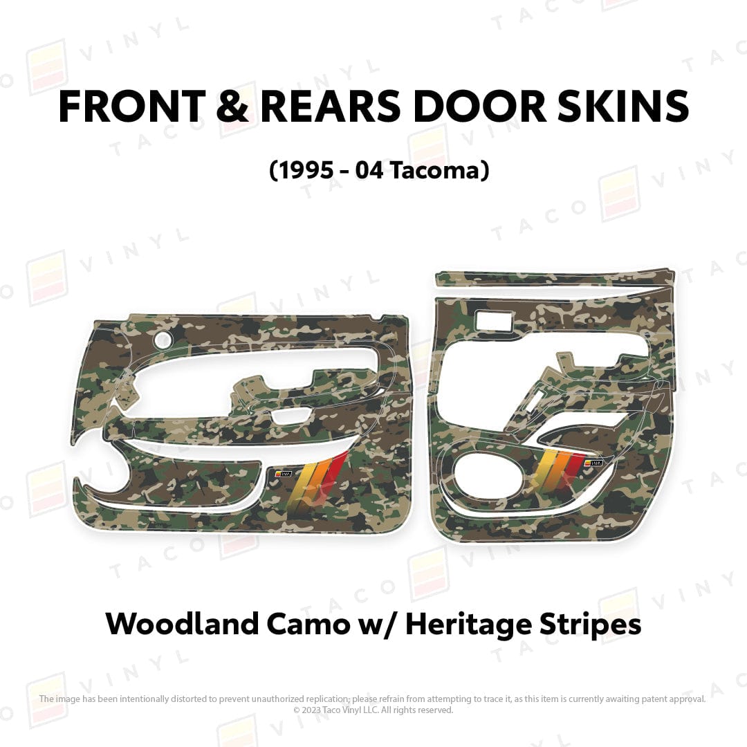 Taco Vinyl Protective Vinyl Front and Rears / Woodland Camo w/Heritage Stripes 1995-04 Tacoma Door Skins