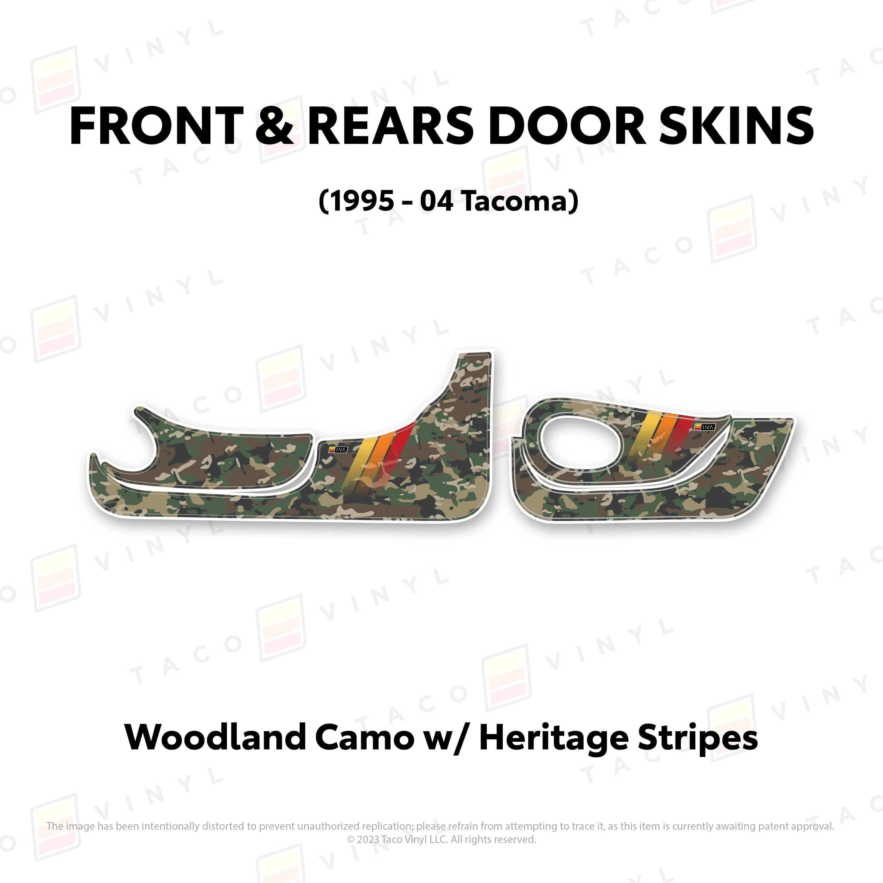 Taco Vinyl Protective Vinyl Front and Rears / Woodland Camo w/Heritage Stripes 1995-04 Tacoma Door Skins (Lower Section)