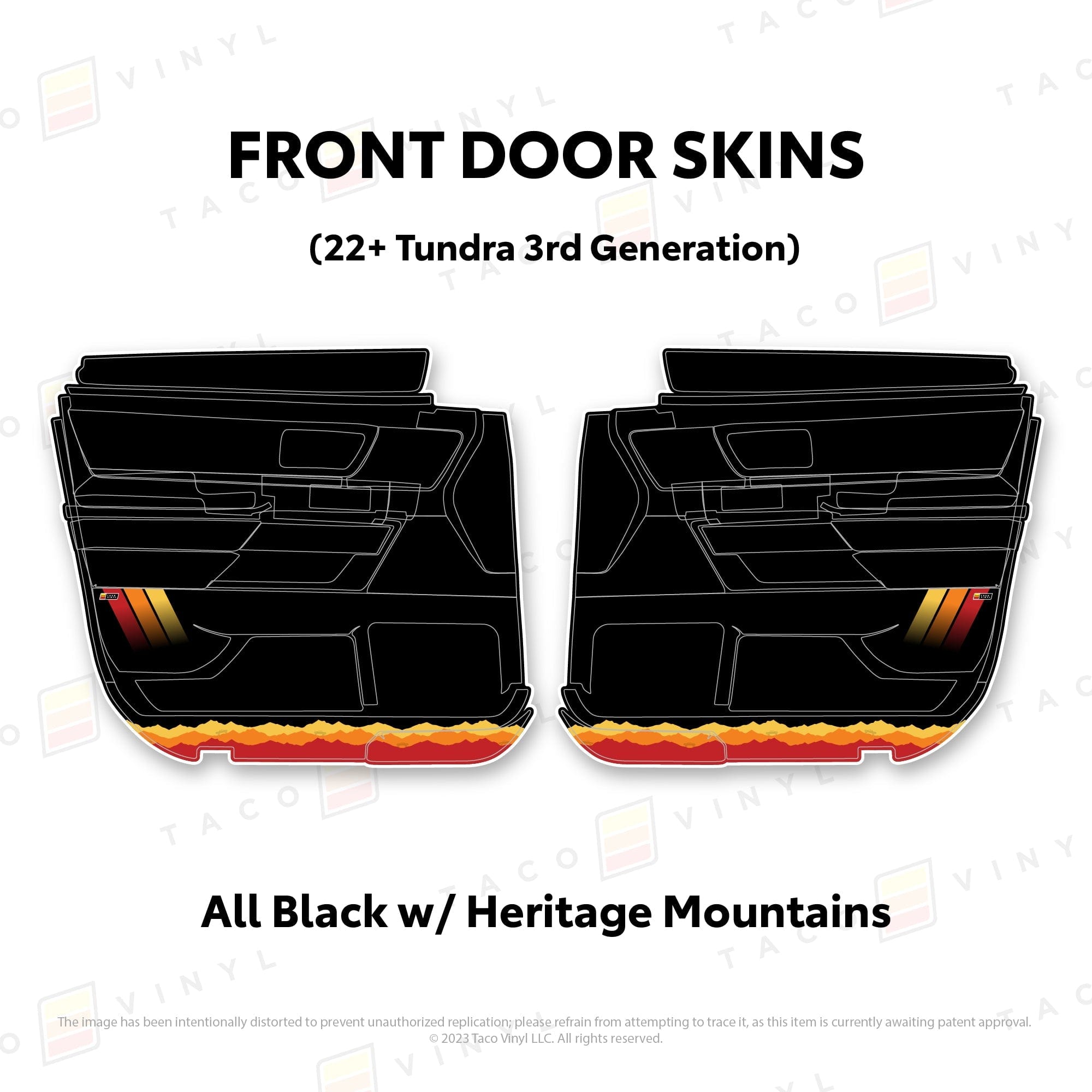 Taco Vinyl Protective Vinyl Front Driver/Passenger / All Black w/ Heritage Mountains 2022+ Tundra Door Skins