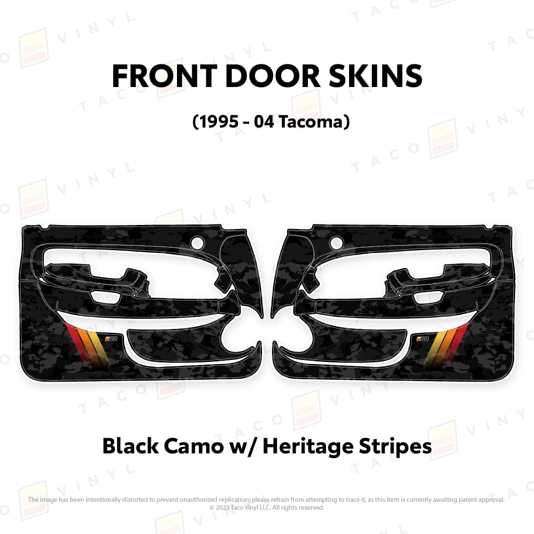 Taco Vinyl Protective Vinyl Front Driver/Passenger / Black Camo w/ Heritage Stripes 1995-04 Tacoma Door Skins