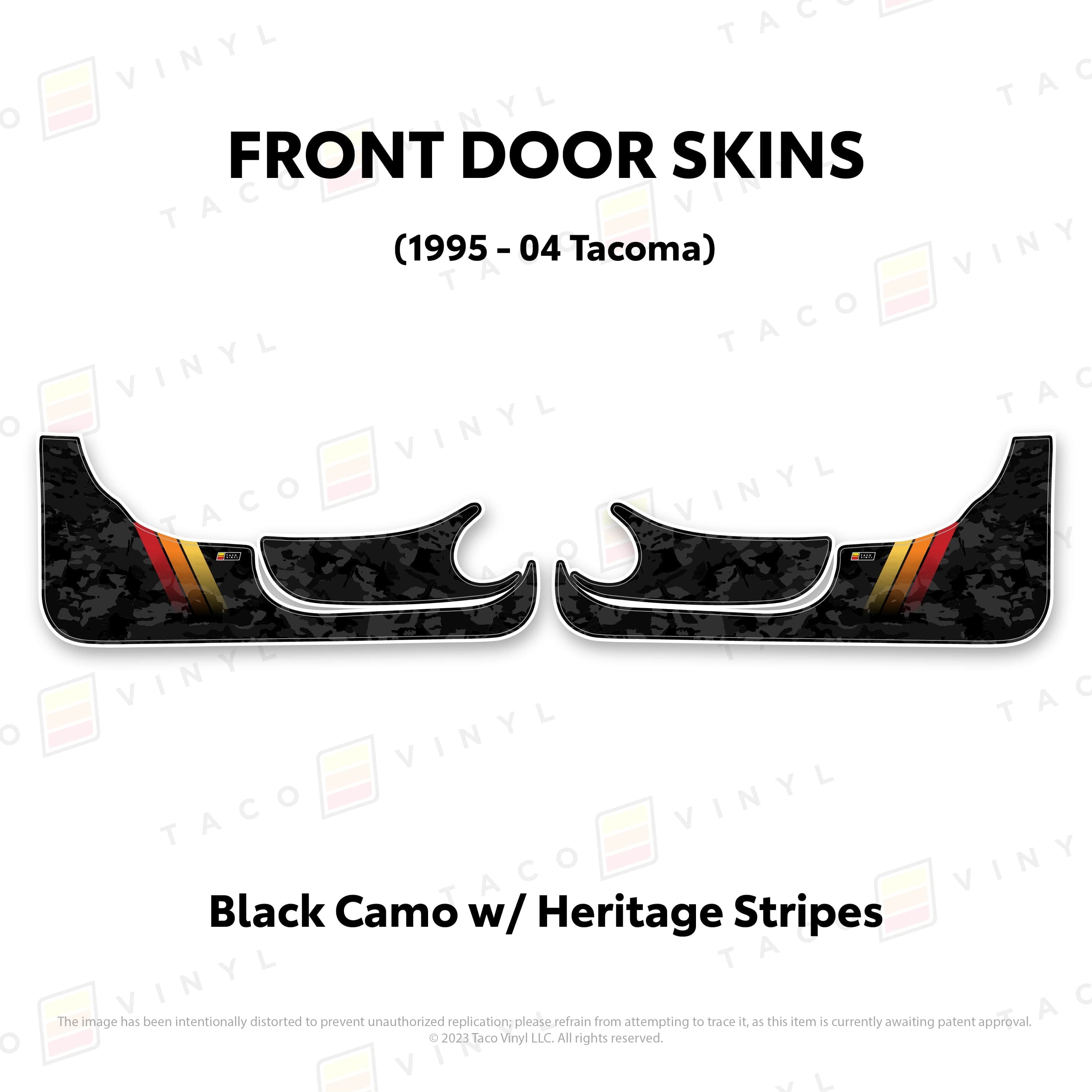 Taco Vinyl Protective Vinyl Front Driver/Passenger / Black Camo w/ Heritage Stripes 1995-04 Tacoma Door Skins (Lower Section)