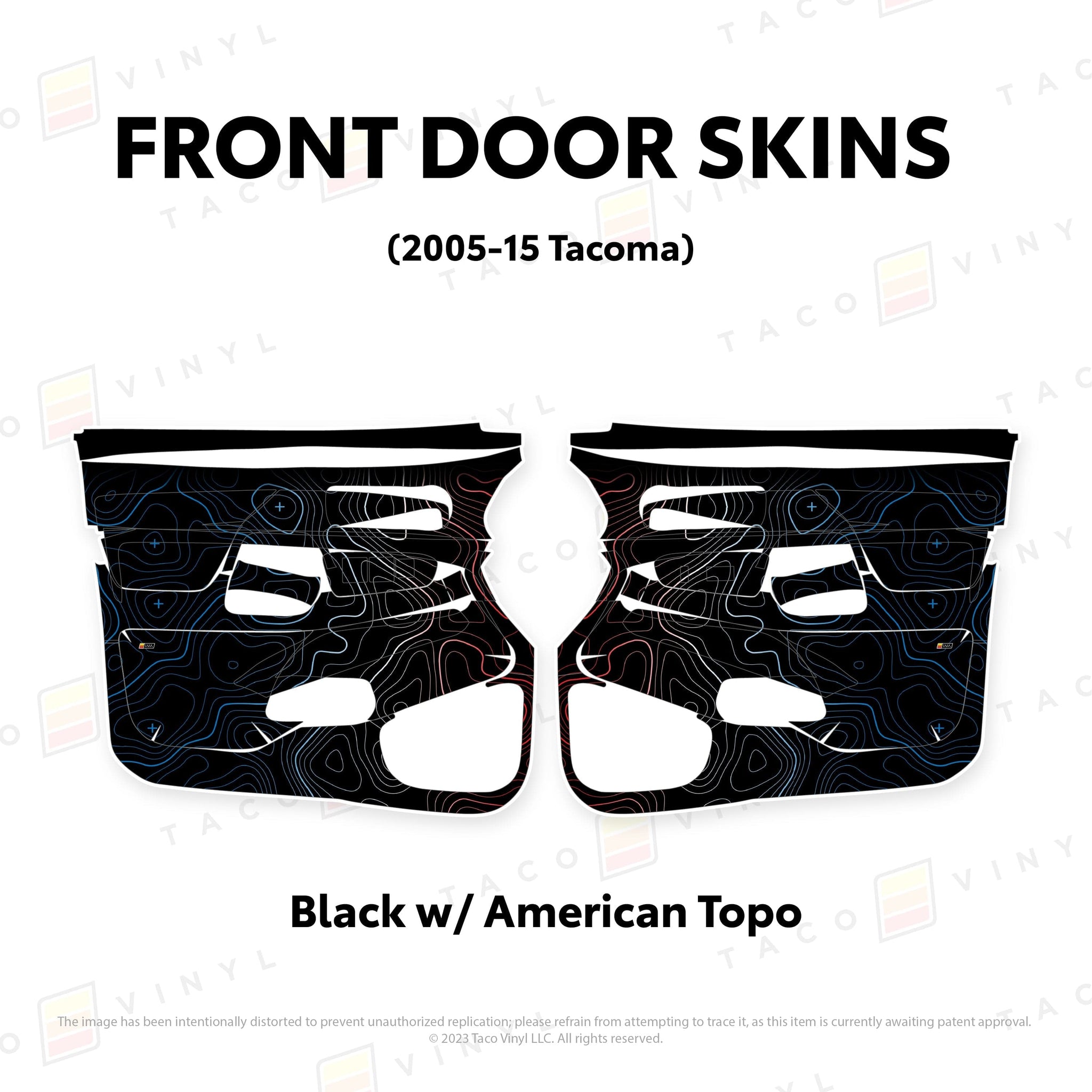 Taco Vinyl Protective Vinyl Front Driver/Passenger / Black w/American Scheme Topo 2005-15 Tacoma Door Skins