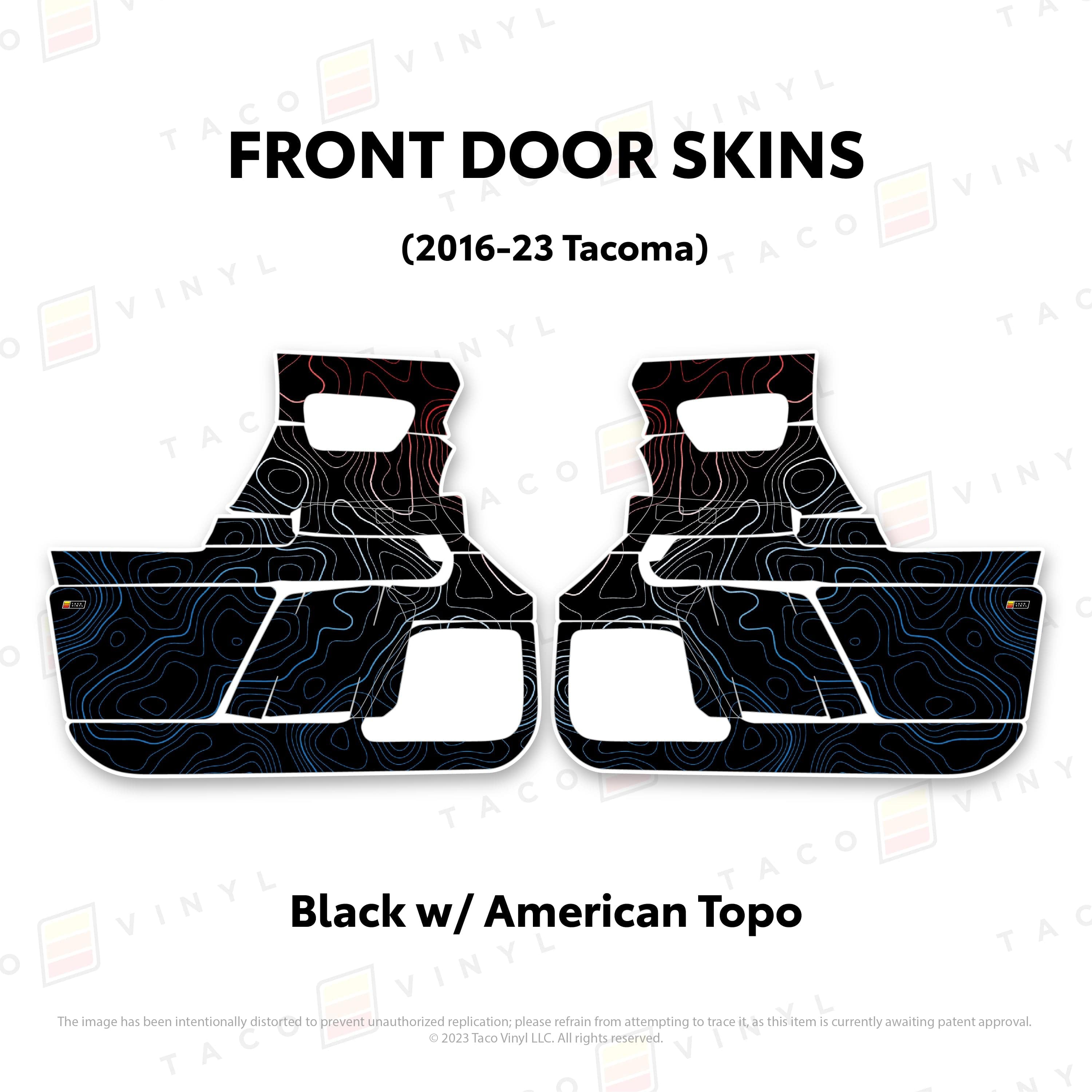 Taco Vinyl Protective Vinyl Front Driver/Passenger / Black w/American Scheme Topo 2016-23 Tacoma Door Skins