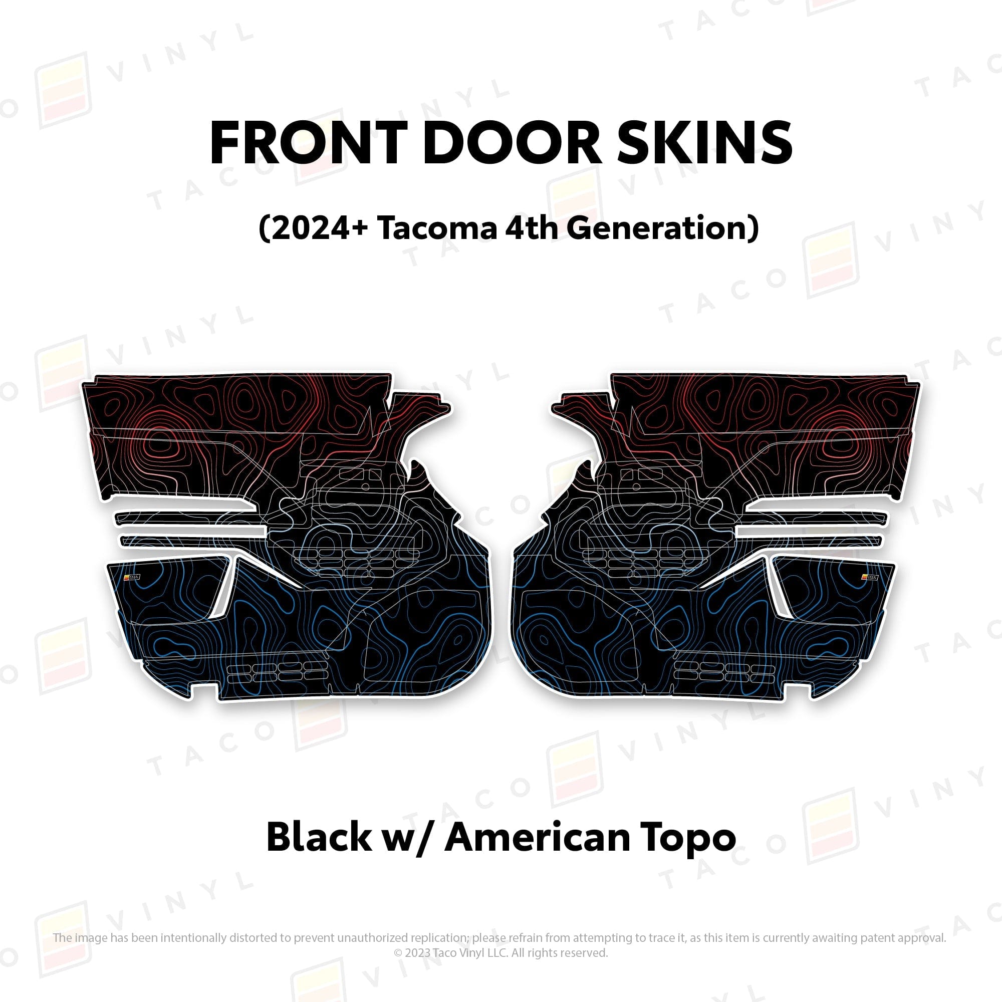 Taco Vinyl Protective Vinyl Front Driver/Passenger / Black w/American Scheme Topo 2024+ Tacoma Door Skins