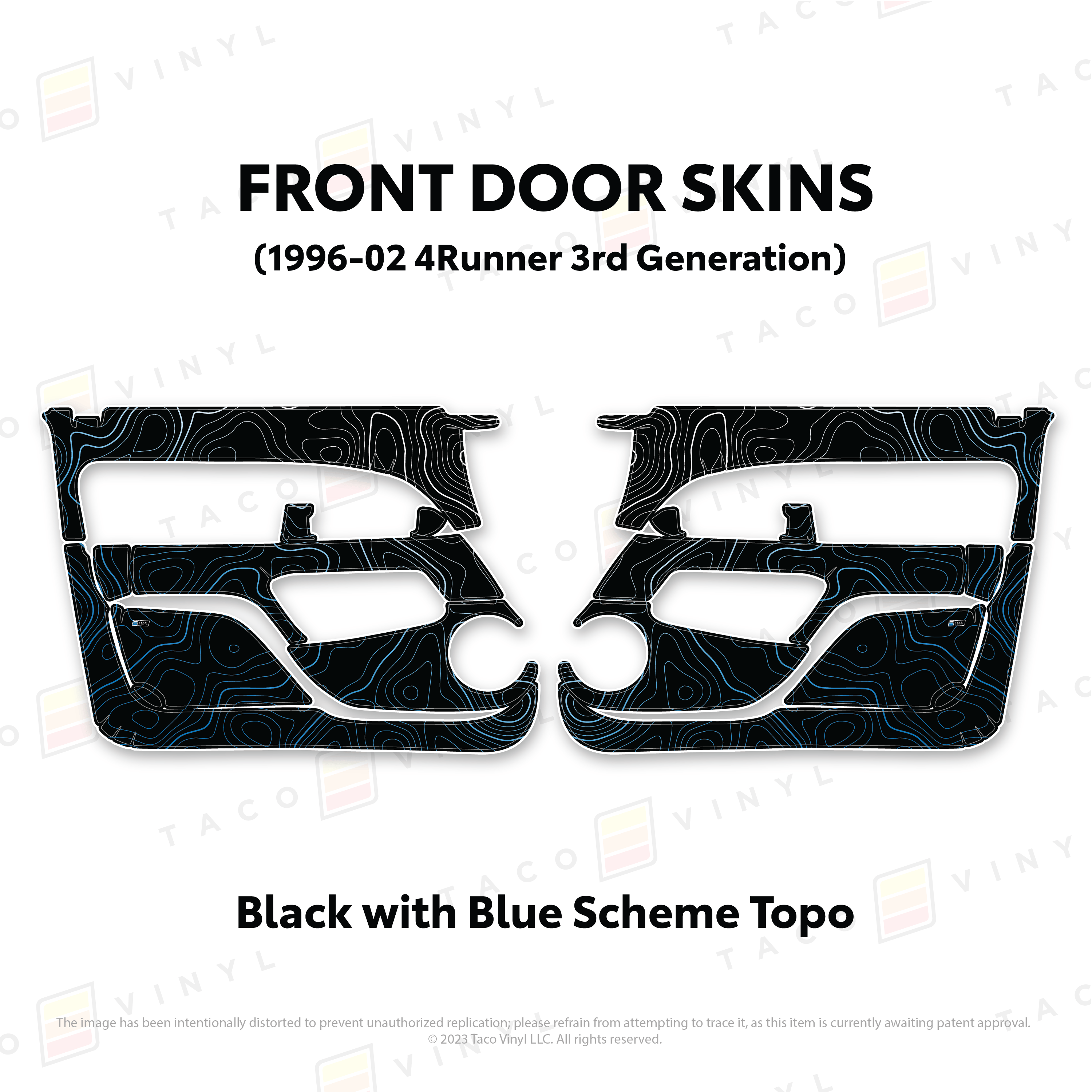 Taco Vinyl Protective Vinyl Front Driver/Passenger / Black w/Blue Scheme Topo 1996-2002 4Runner Door Skins