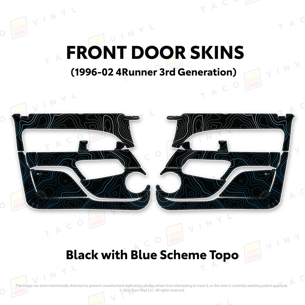 Taco Vinyl Protective Vinyl Front Driver/Passenger / Black w/Blue Scheme Topo 1996-2002 4Runner Door Skins