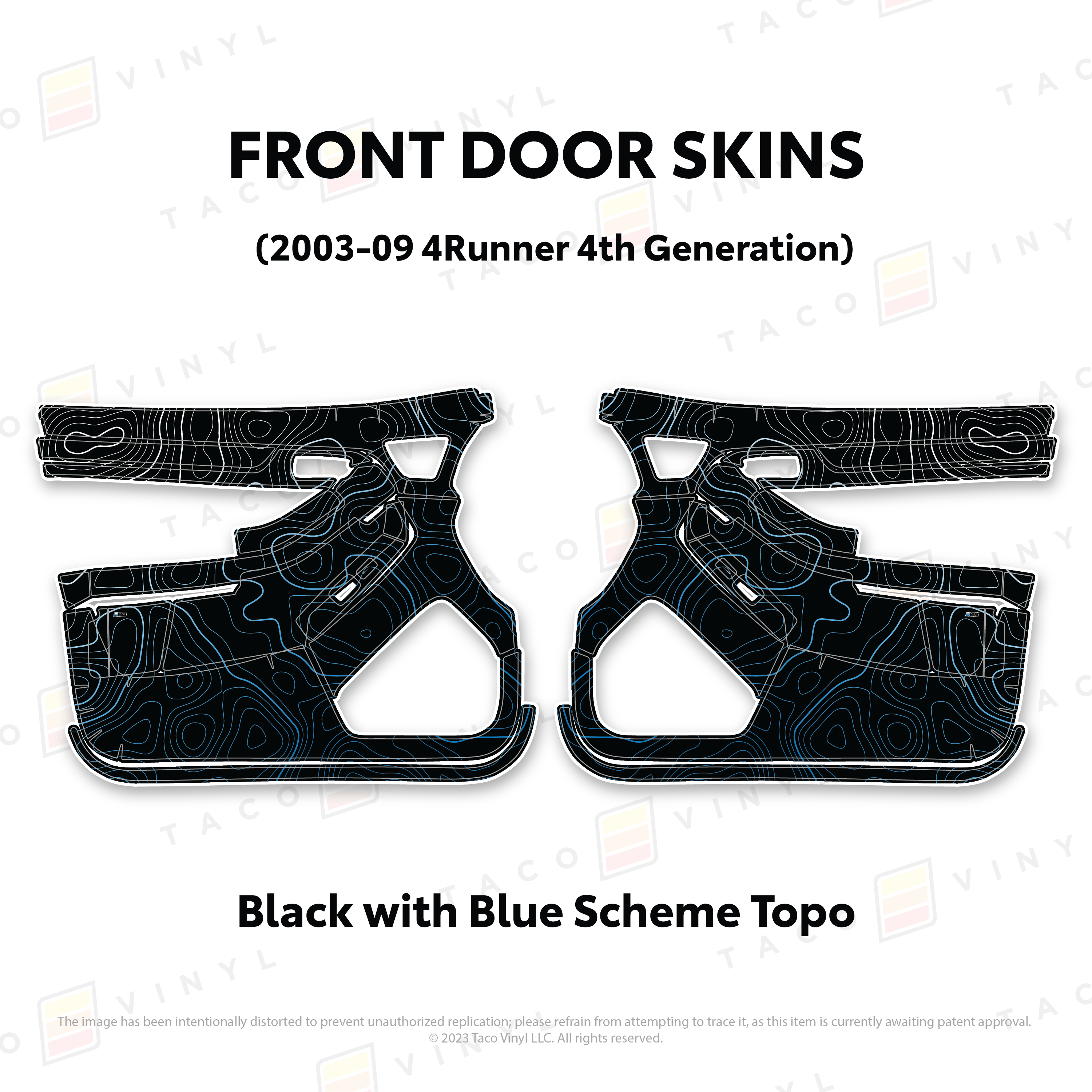 Taco Vinyl Protective Vinyl Front Driver/Passenger / Black w/Blue Scheme Topo 2003-2009 4Runner Door Skins