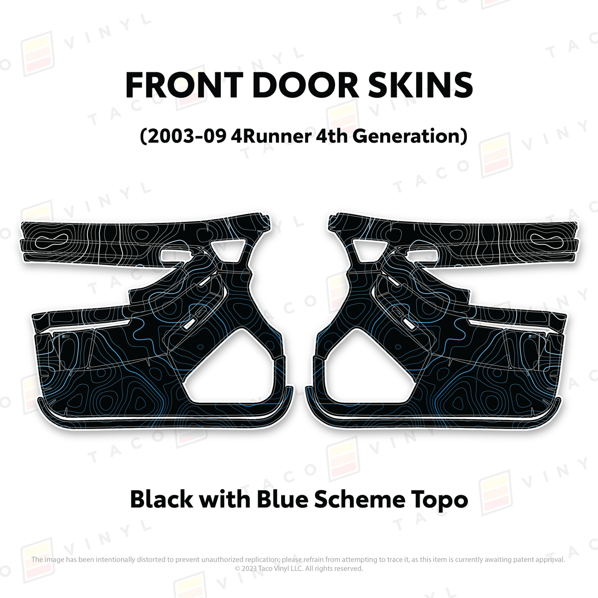 Taco Vinyl Protective Vinyl Front Driver/Passenger / Black w/Blue Scheme Topo 2003-2009 4Runner Door Skins