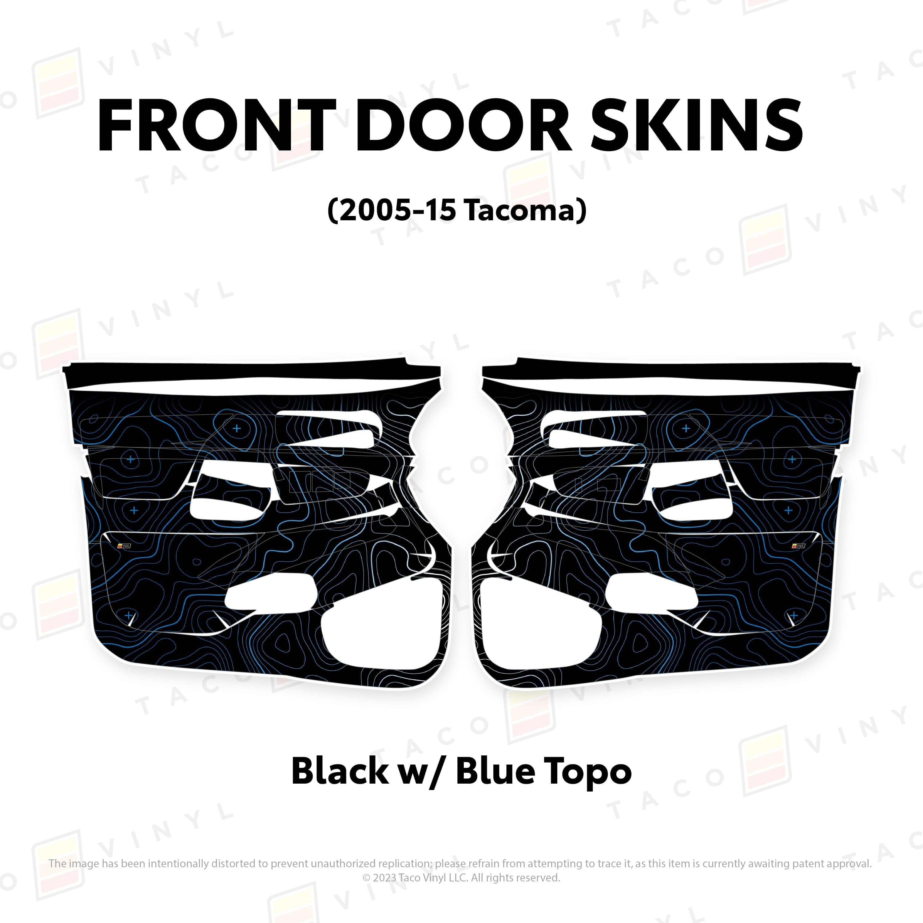 Taco Vinyl Protective Vinyl Front Driver/Passenger / Black w/Blue Scheme Topo 2005-15 Tacoma Door Skins