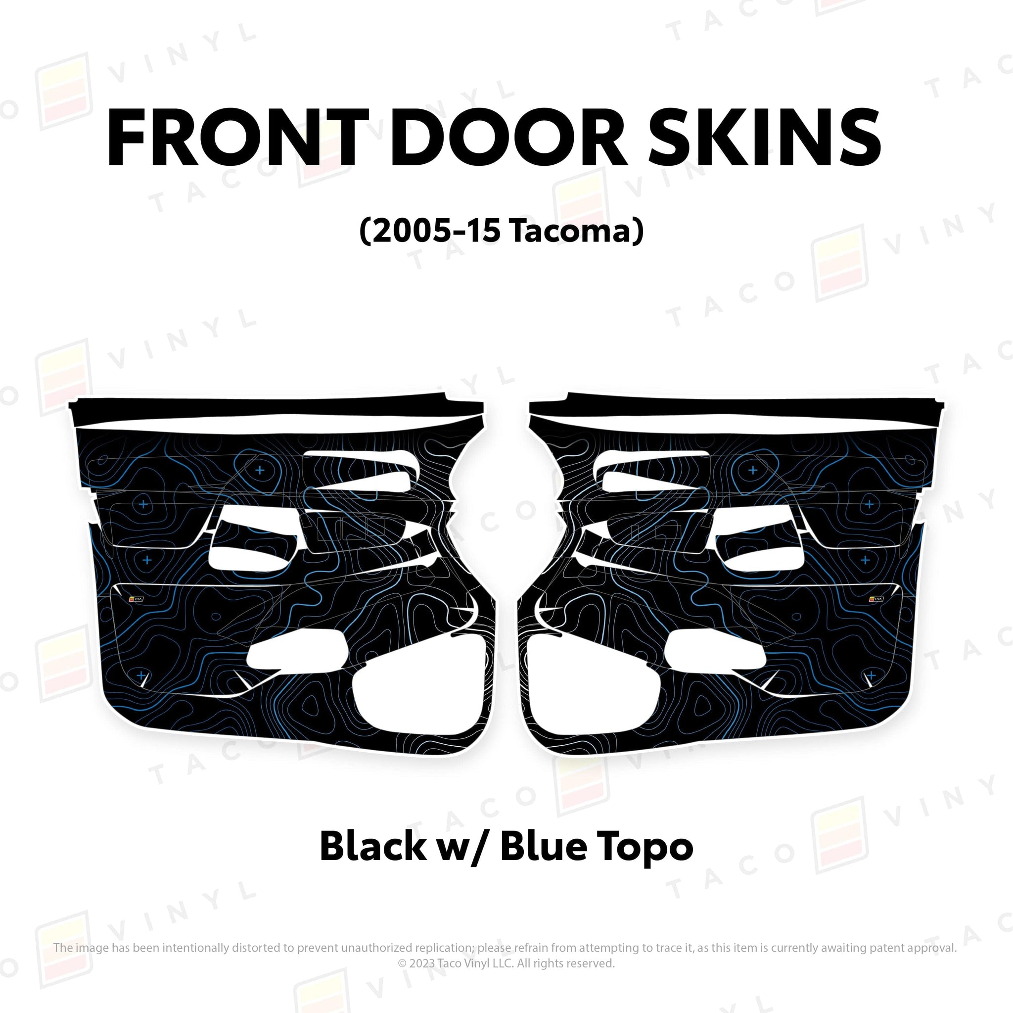 Taco Vinyl Protective Vinyl Front Driver/Passenger / Black w/Blue Scheme Topo 2005-15 Tacoma Door Skins