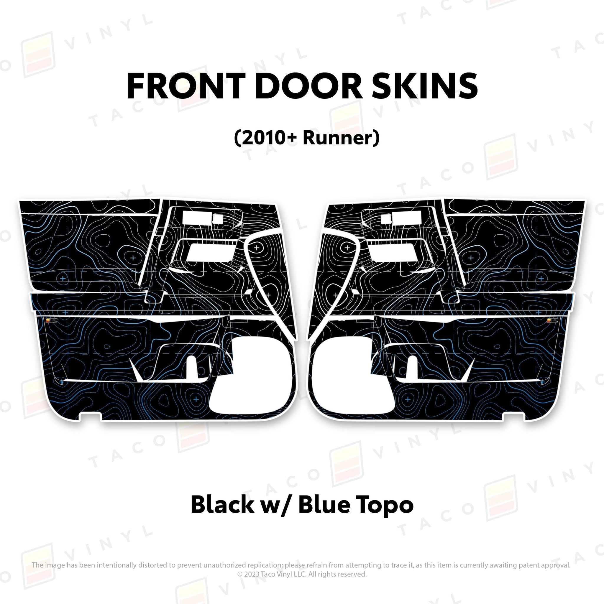 Taco Vinyl Protective Vinyl Front Driver/Passenger / Black w/Blue Scheme Topo 2010-24 4Runner Door Skins