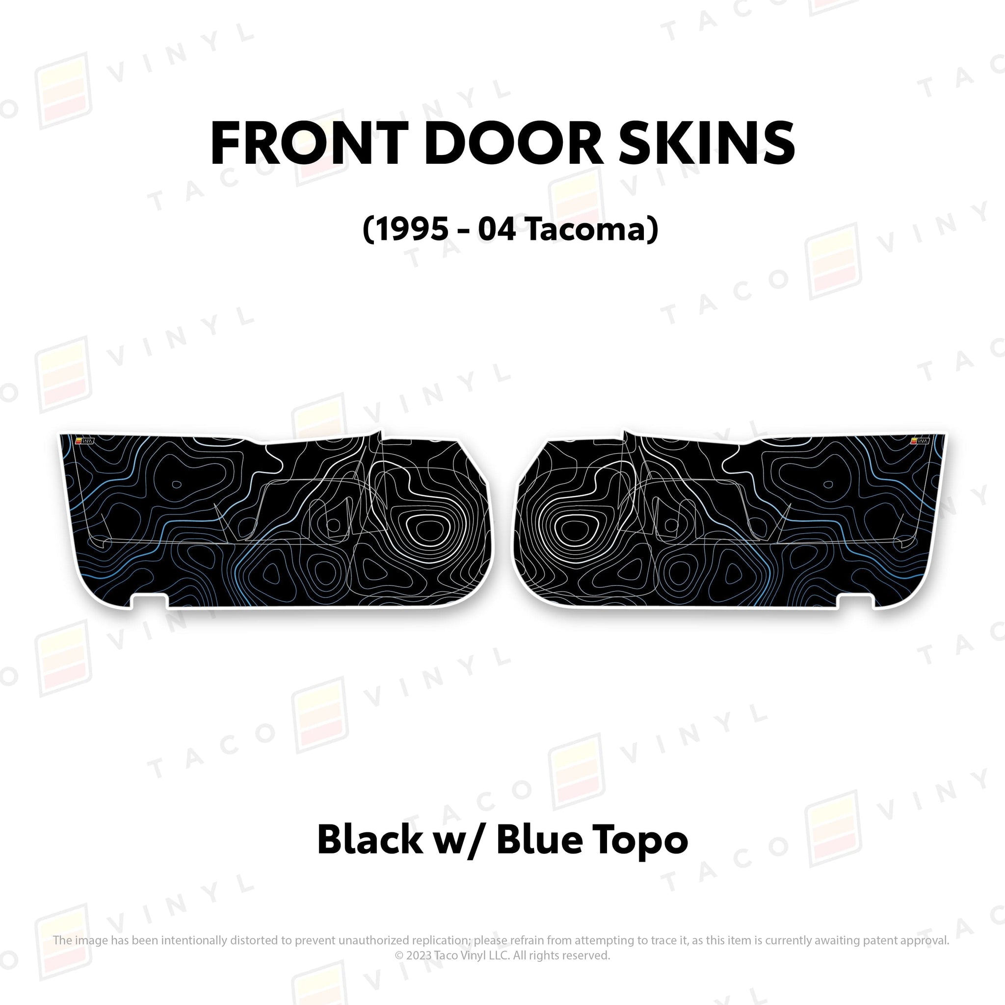 Taco Vinyl Protective Vinyl Front Driver/Passenger / Black w/Blue Scheme Topo 2010-24 4Runner Door Skins (Lower Section)