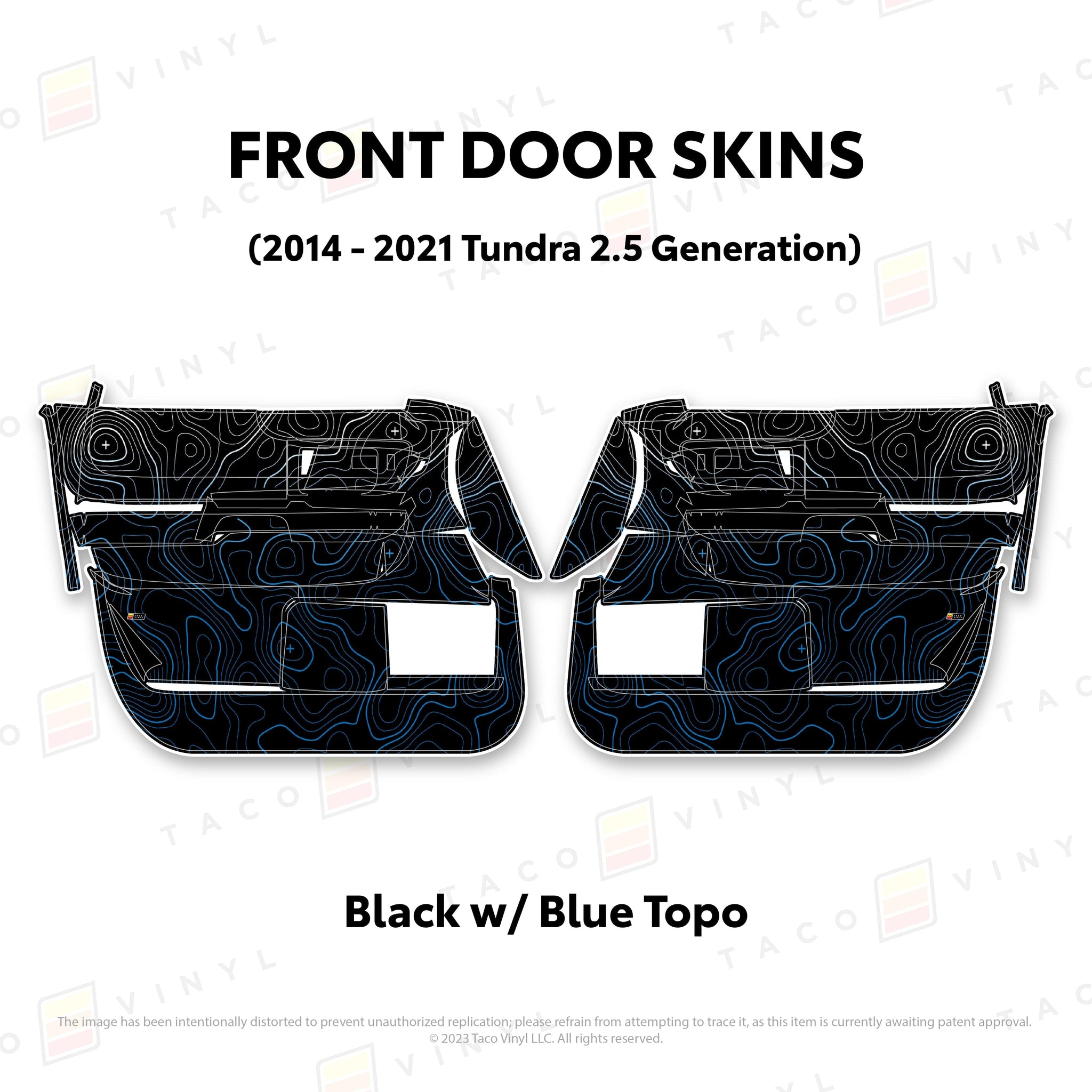 Taco Vinyl Protective Vinyl Front Driver/Passenger / Black w/Blue Scheme Topo 2014 - 2021 Tundra Door Skins