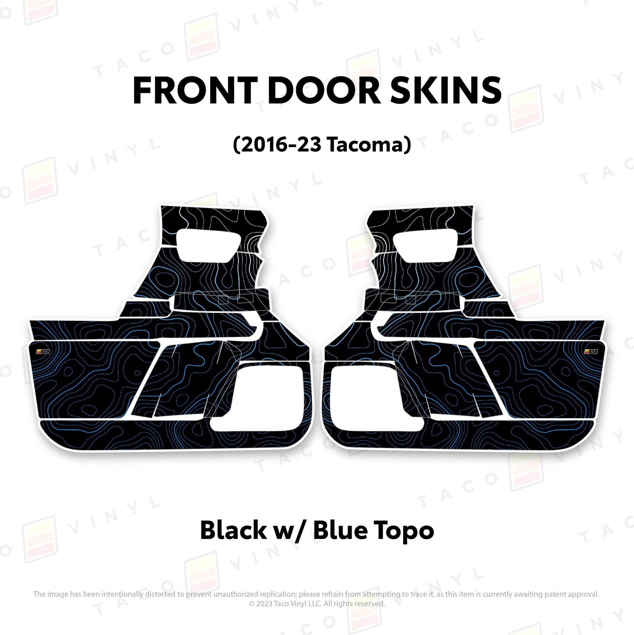 Taco Vinyl Protective Vinyl Front Driver/Passenger / Black w/Blue Scheme Topo 2016-23 Tacoma Door Skins