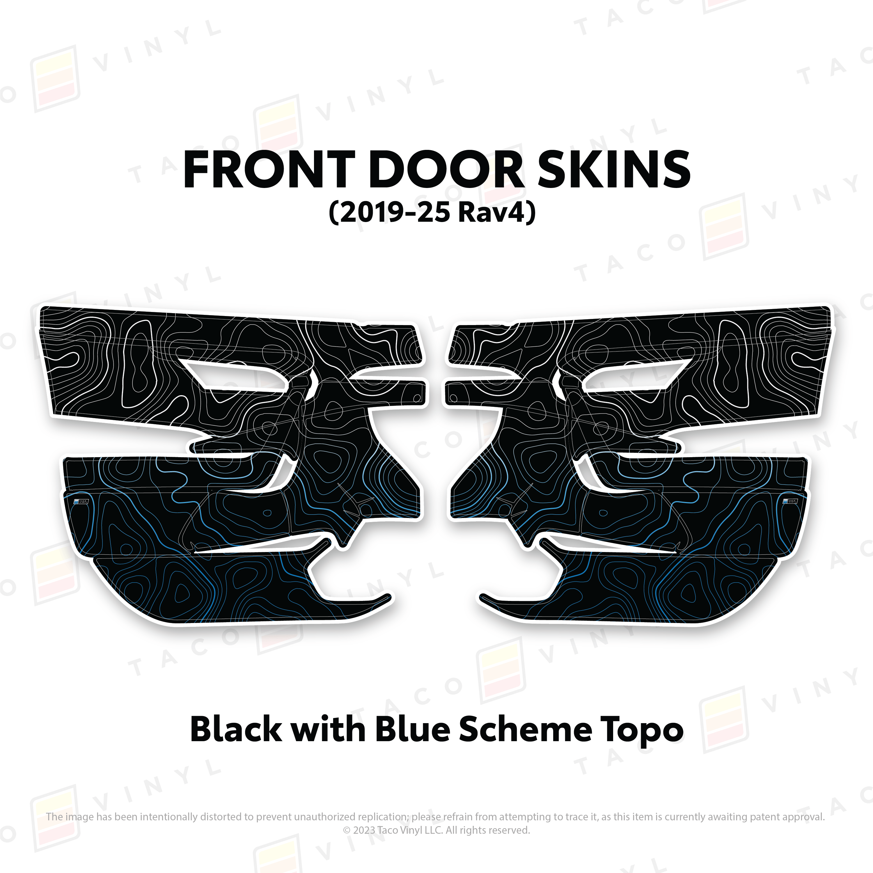 Taco Vinyl Protective Vinyl Front Driver/Passenger / Black w/Blue Scheme Topo 2019-25 Rav4 Door Skins