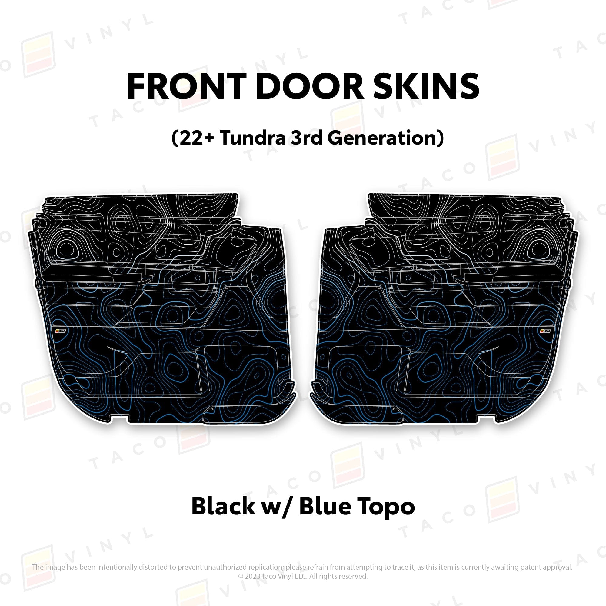 Taco Vinyl Protective Vinyl Front Driver/Passenger / Black w/Blue Scheme Topo 2022+ Tundra Door Skins