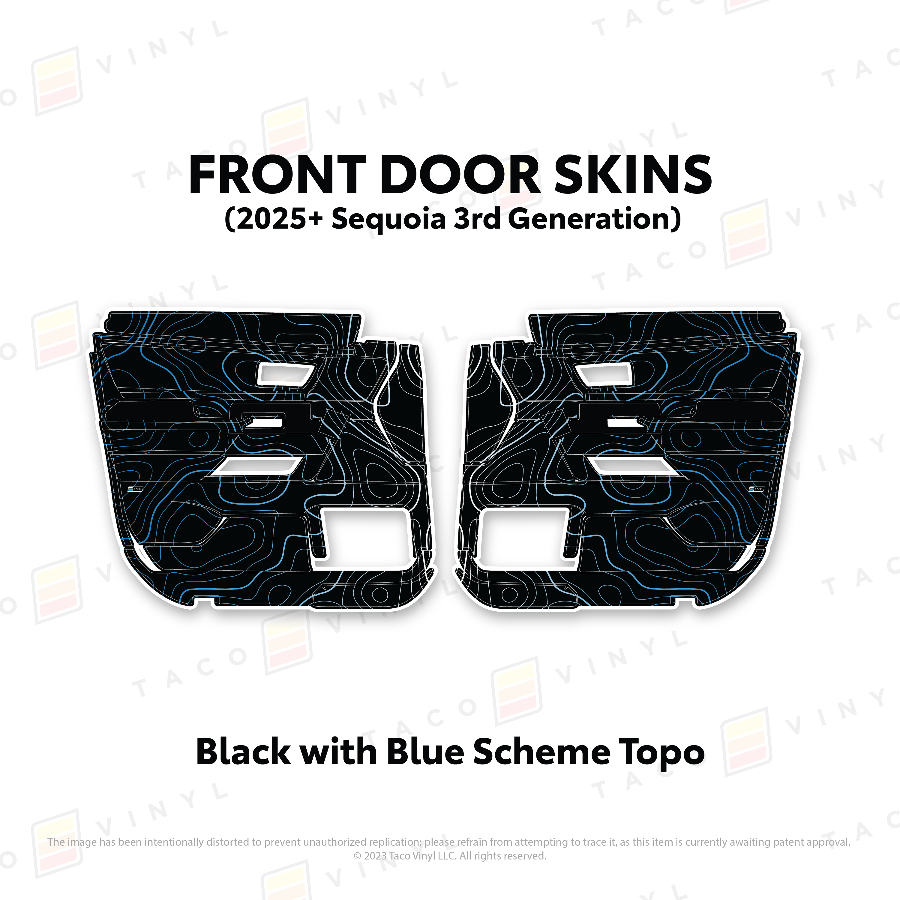 Taco Vinyl Protective Vinyl Front Driver/Passenger / Black w/Blue Scheme Topo 2023+ Sequoia Door Skins