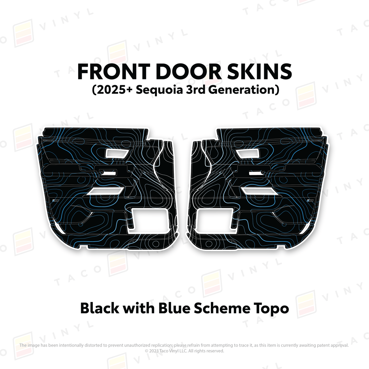 Taco Vinyl Protective Vinyl Front Driver/Passenger / Black w/Blue Scheme Topo 2023+ Sequoia Door Skins