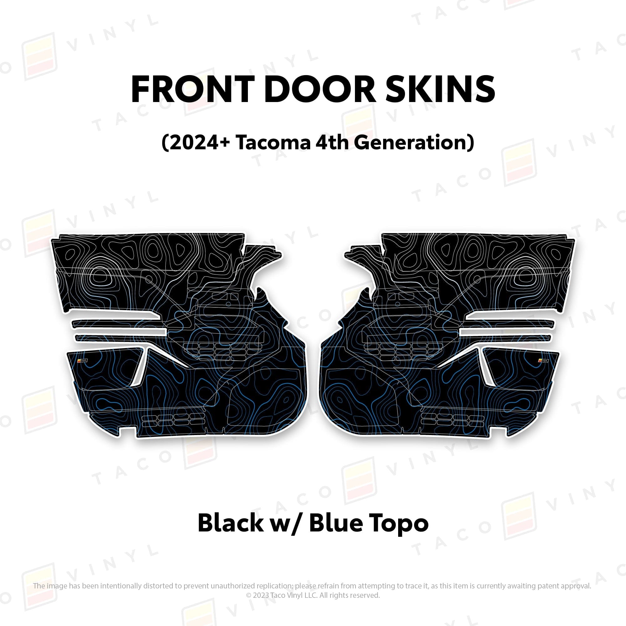 Taco Vinyl Protective Vinyl Front Driver/Passenger / Black w/Blue Scheme Topo 2024+ Tacoma Door Skins