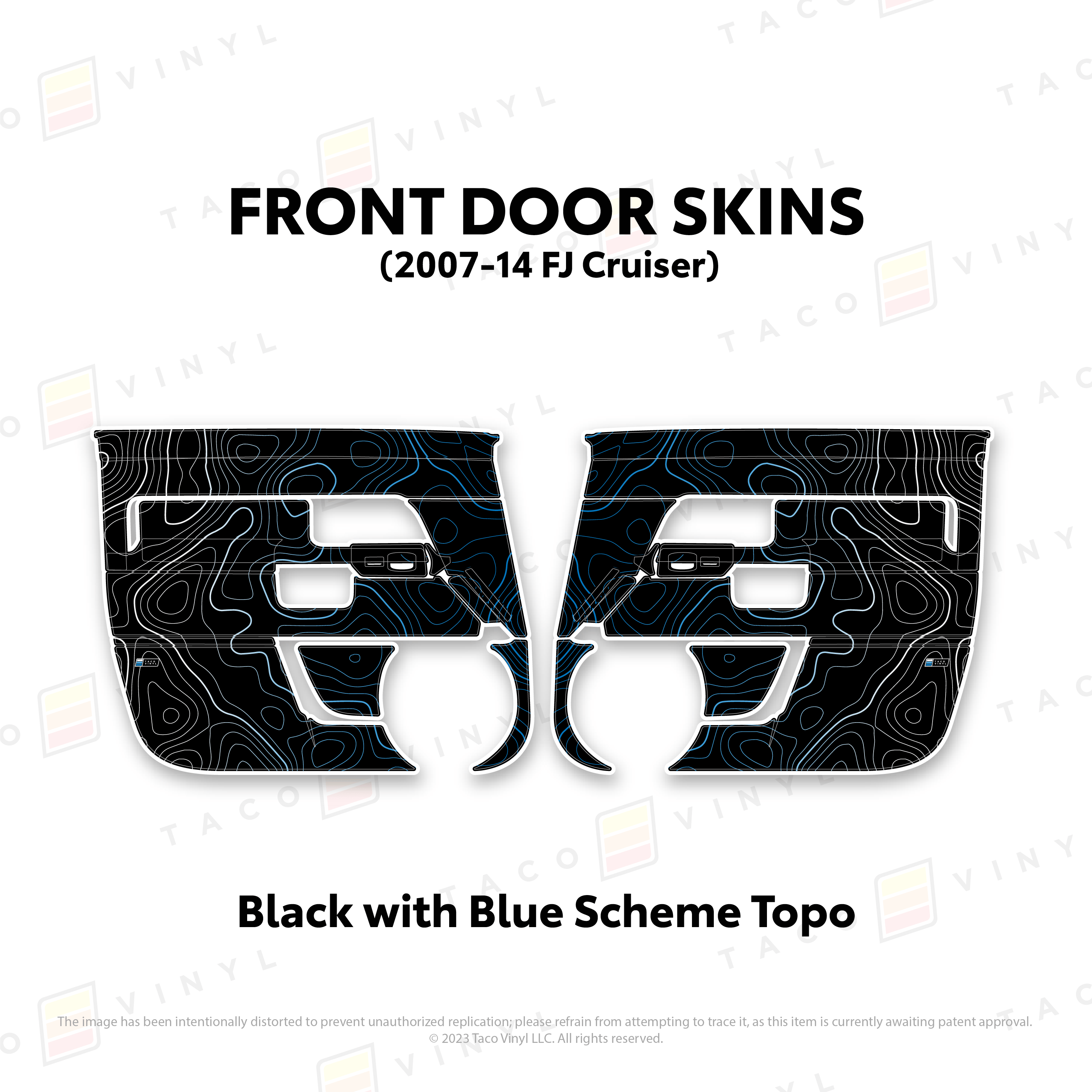 Taco Vinyl Protective Vinyl Front Driver/Passenger / Black w/ Blue Scheme Topo FJ Cruiser Door Skins