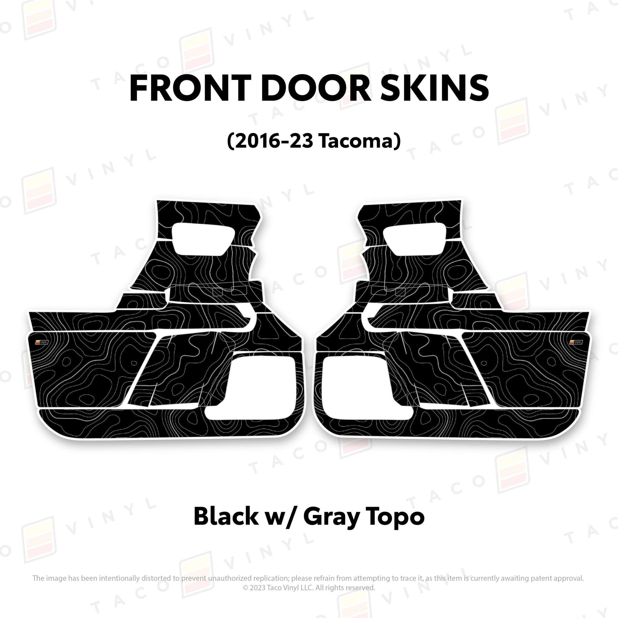 Taco Vinyl Protective Vinyl Front Driver/Passenger / Black w/Gray Scheme Topo 2016-23 Tacoma Door Skins