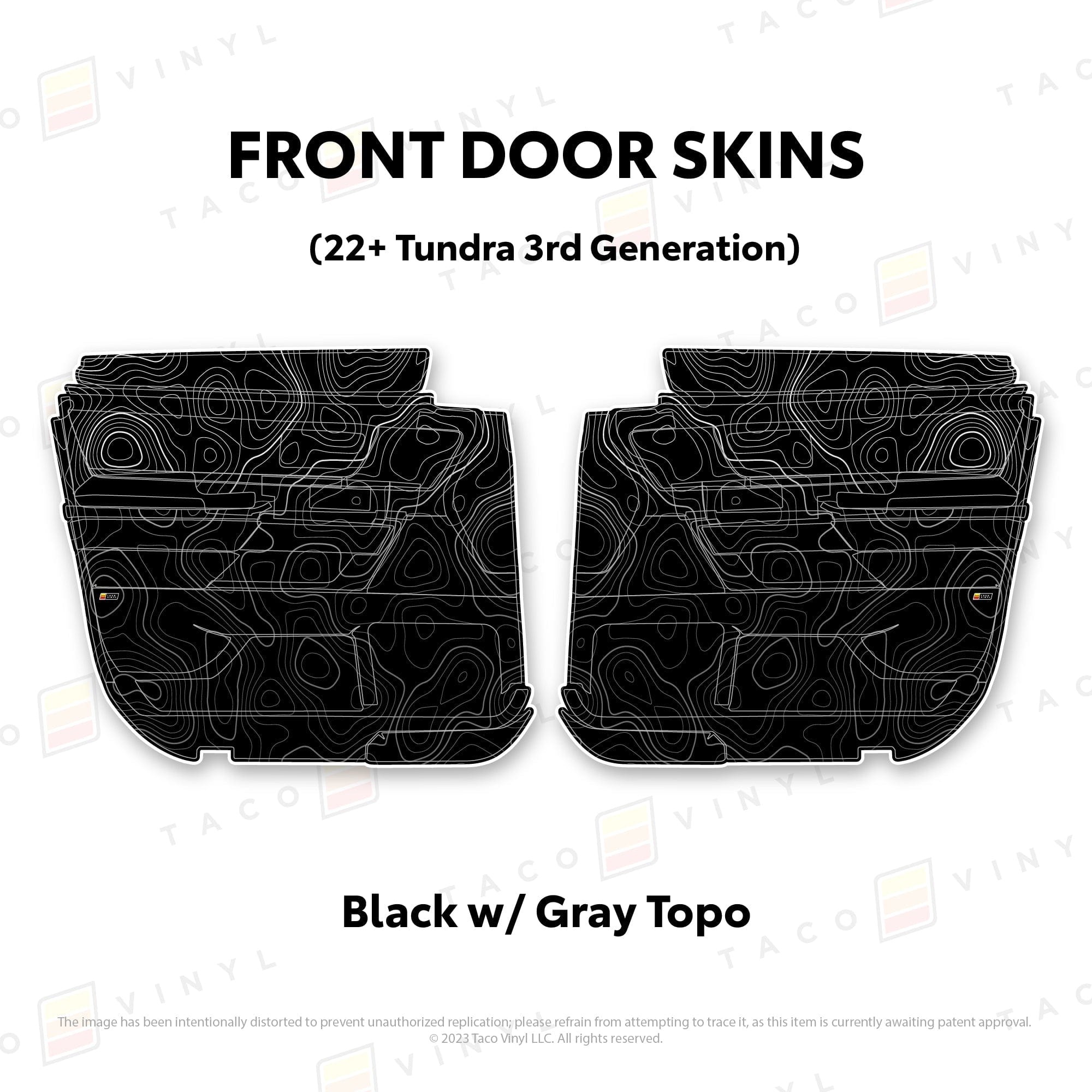 Taco Vinyl Protective Vinyl Front Driver/Passenger / Black w/Gray Scheme Topo 2022+ Tundra Door Skins