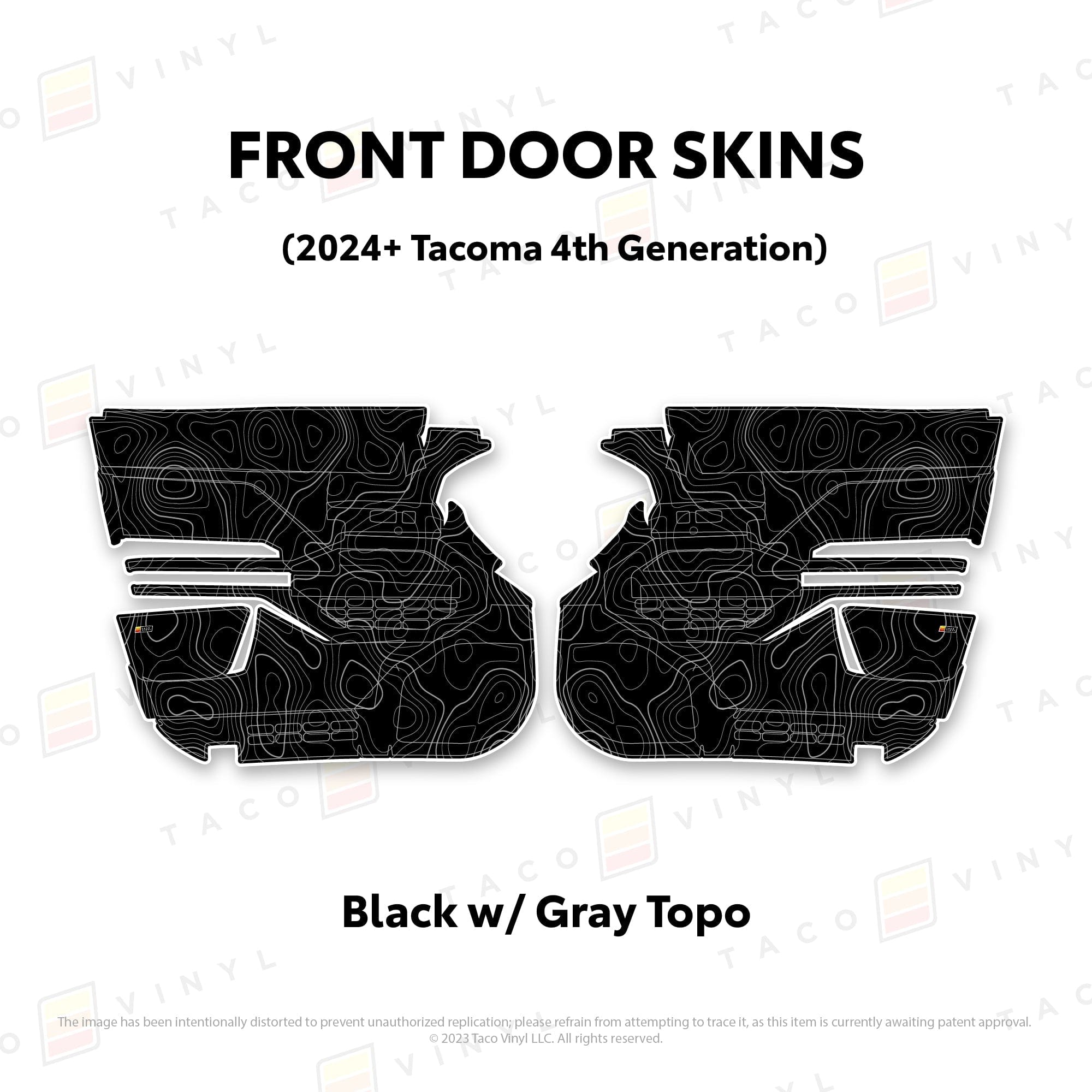 Taco Vinyl Protective Vinyl Front Driver/Passenger / Black w/Gray Scheme Topo 2024+ Tacoma Door Skins