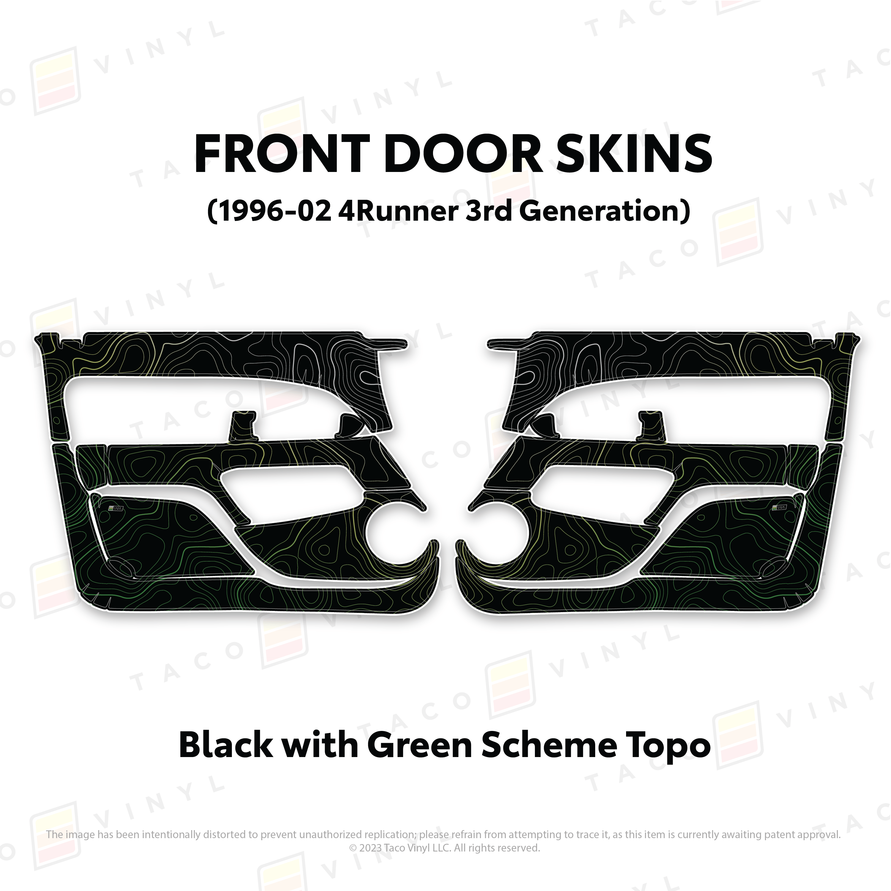 Taco Vinyl Protective Vinyl Front Driver/Passenger / Black w/Green Scheme Topo 1996-2002 4Runner Door Skins