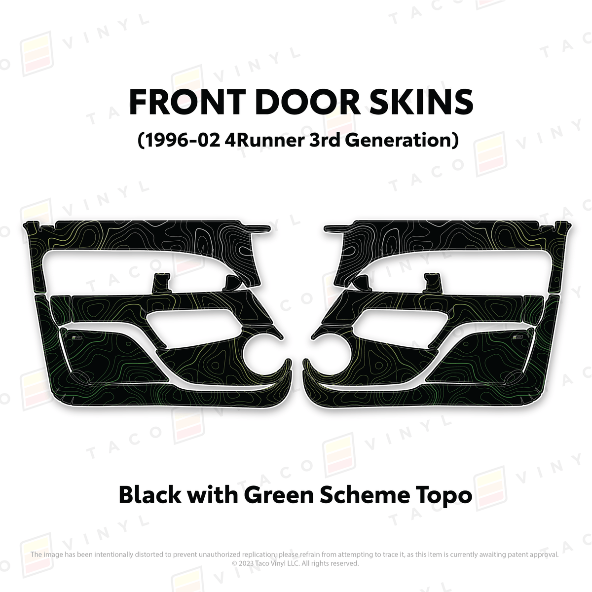 Taco Vinyl Protective Vinyl Front Driver/Passenger / Black w/Green Scheme Topo 1996-2002 4Runner Door Skins