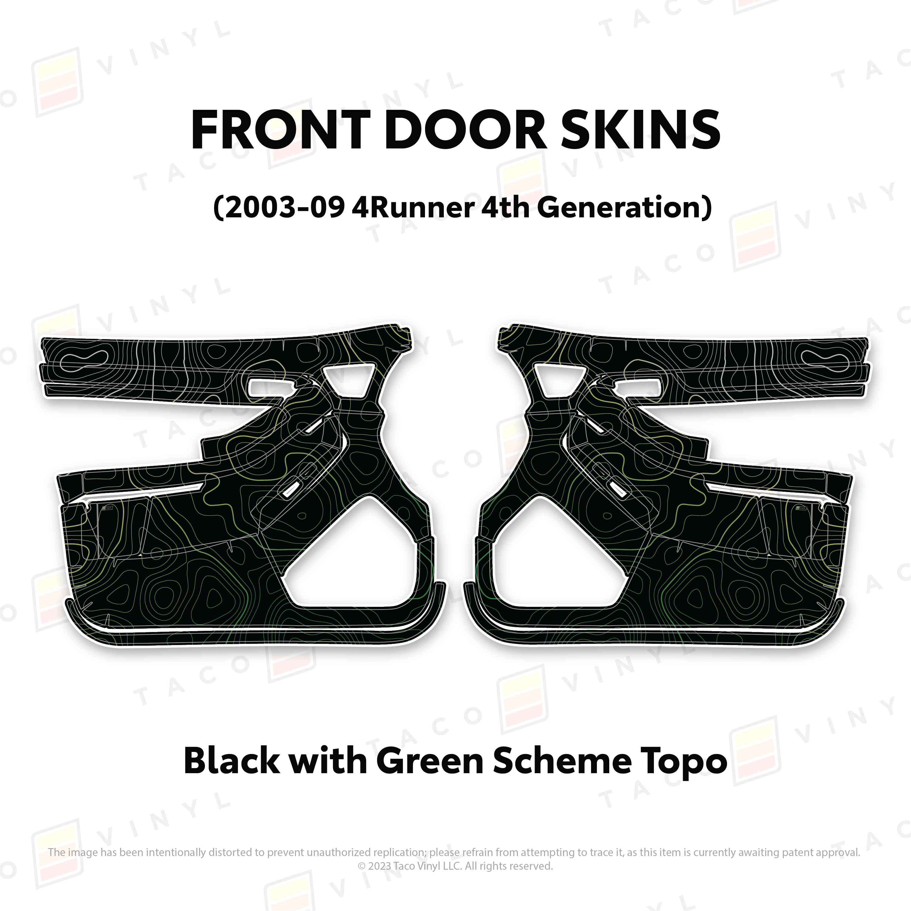 Taco Vinyl Protective Vinyl Front Driver/Passenger / Black w/Green Scheme Topo 2003-2009 4Runner Door Skins