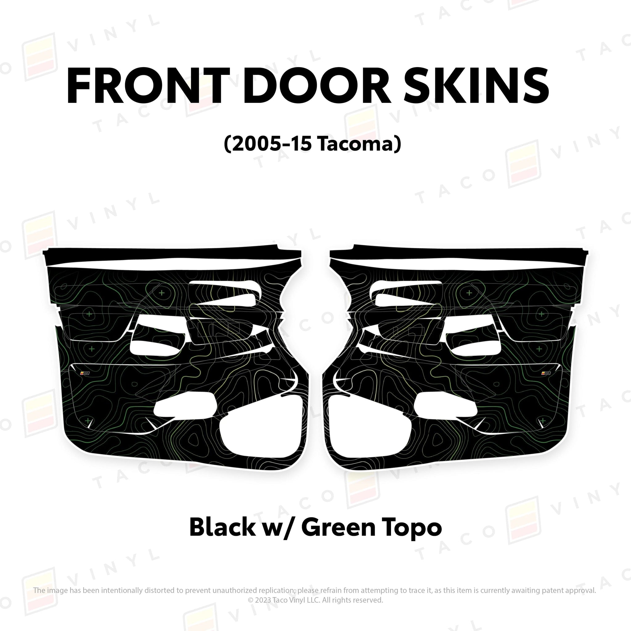 Taco Vinyl Protective Vinyl Front Driver/Passenger / Black w/Green Scheme Topo 2005-15 Tacoma Door Skins