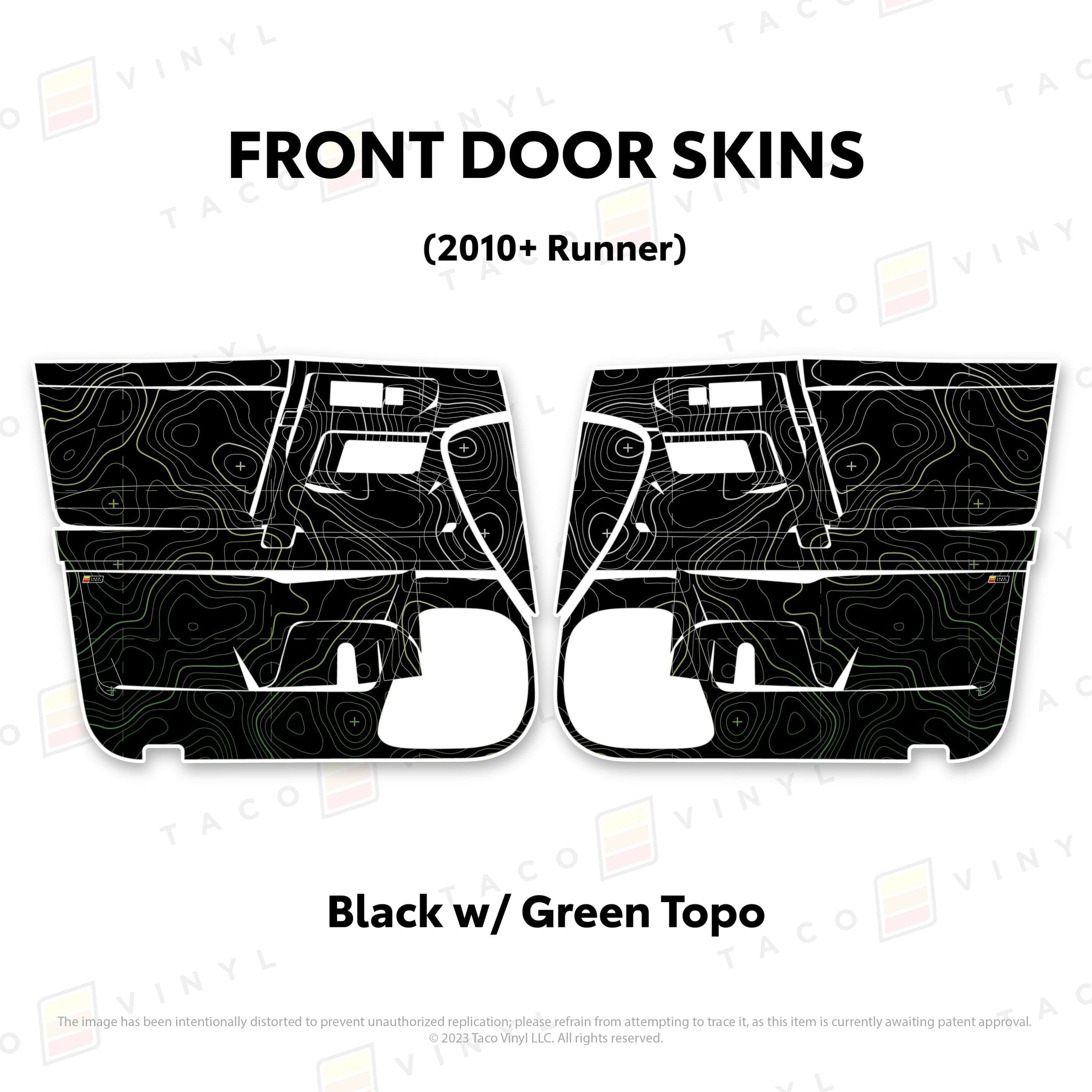 Taco Vinyl Protective Vinyl Front Driver/Passenger / Black w/Green Scheme Topo 2010-24 4Runner Door Skins